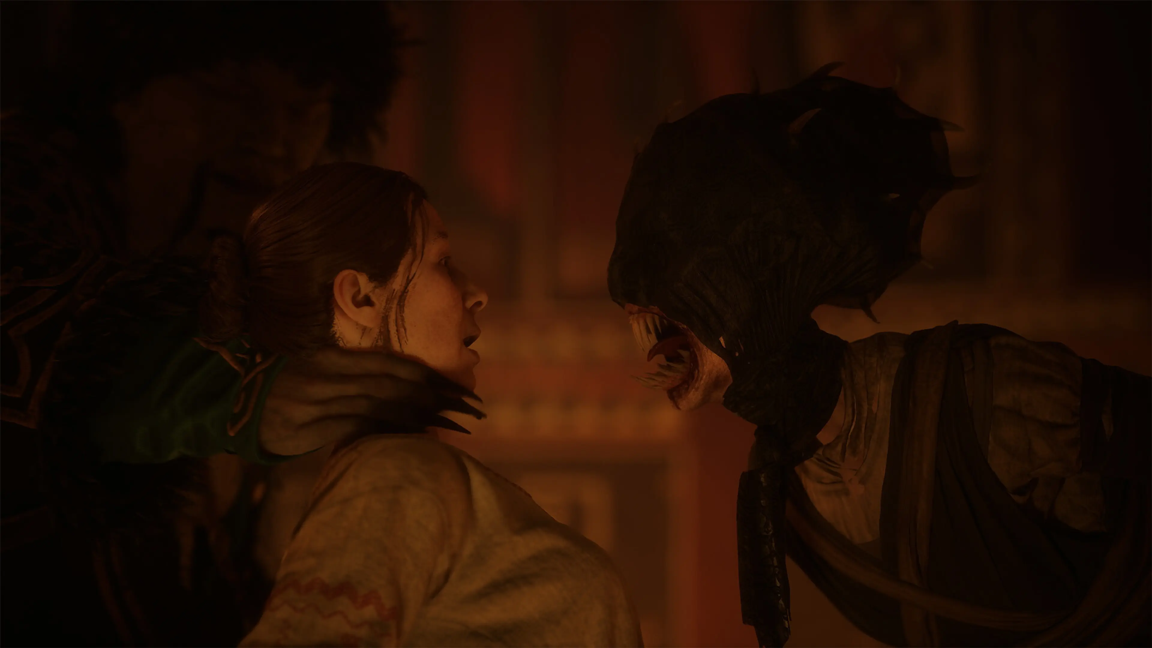 A dark creature threatens a woman in a red-lit scene from The Blood of Dawnwalker.