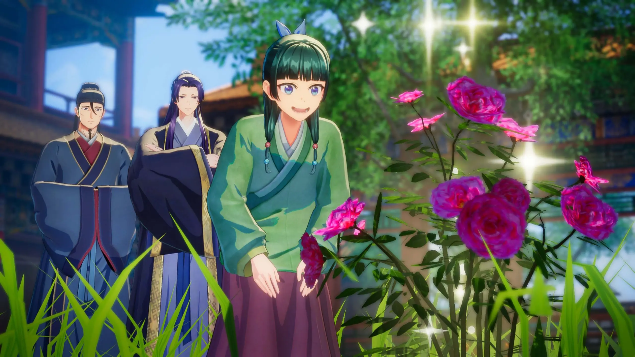 Maomao examines red flowers while two palace officials watch in The Apothecary Diaries: The False Imperial Brother.