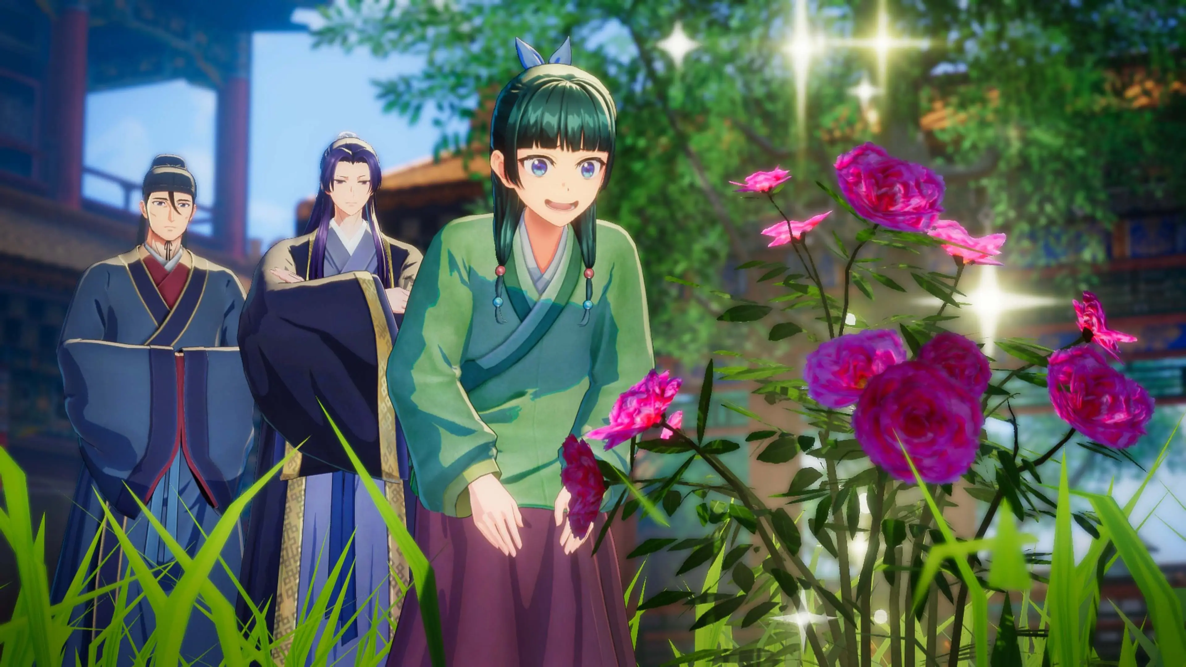 Maomao examines red flowers while two palace officials watch in The Apothecary Diaries: The False Imperial Brother.