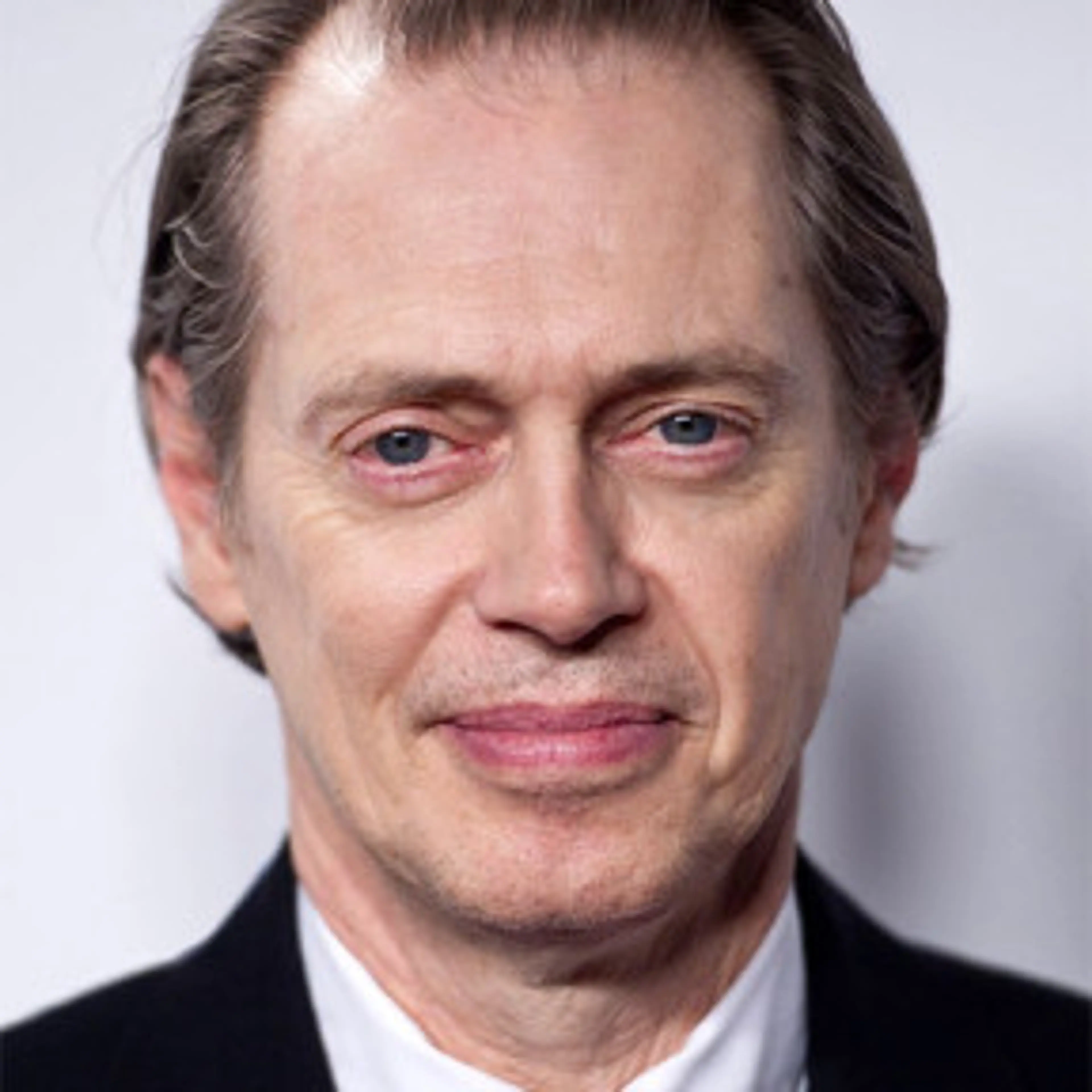 Portrait of Steve Buscemi wearing a dark suit and white shirt.