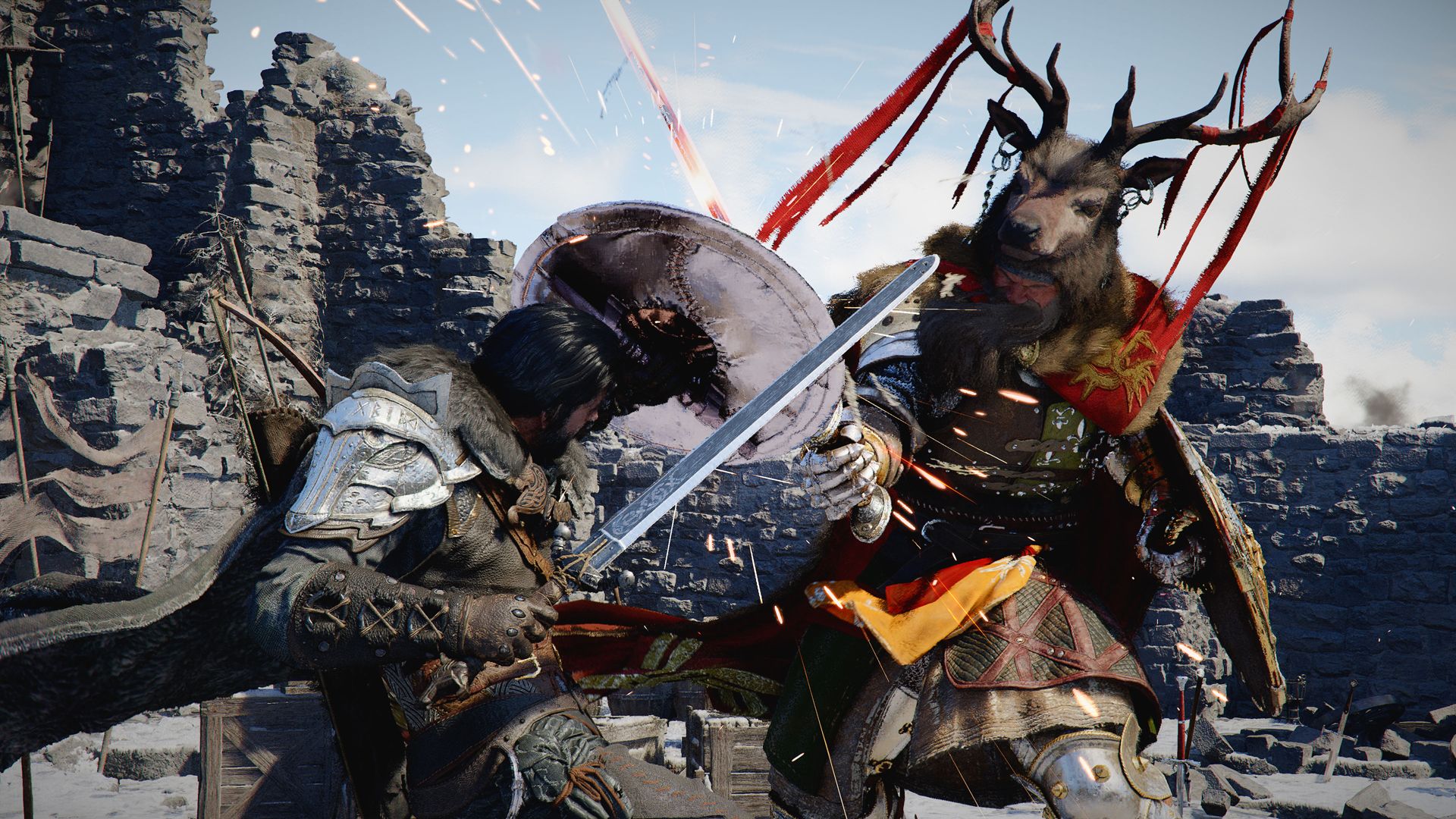 Kliff fights an armored enemy inside a ruined fortress.