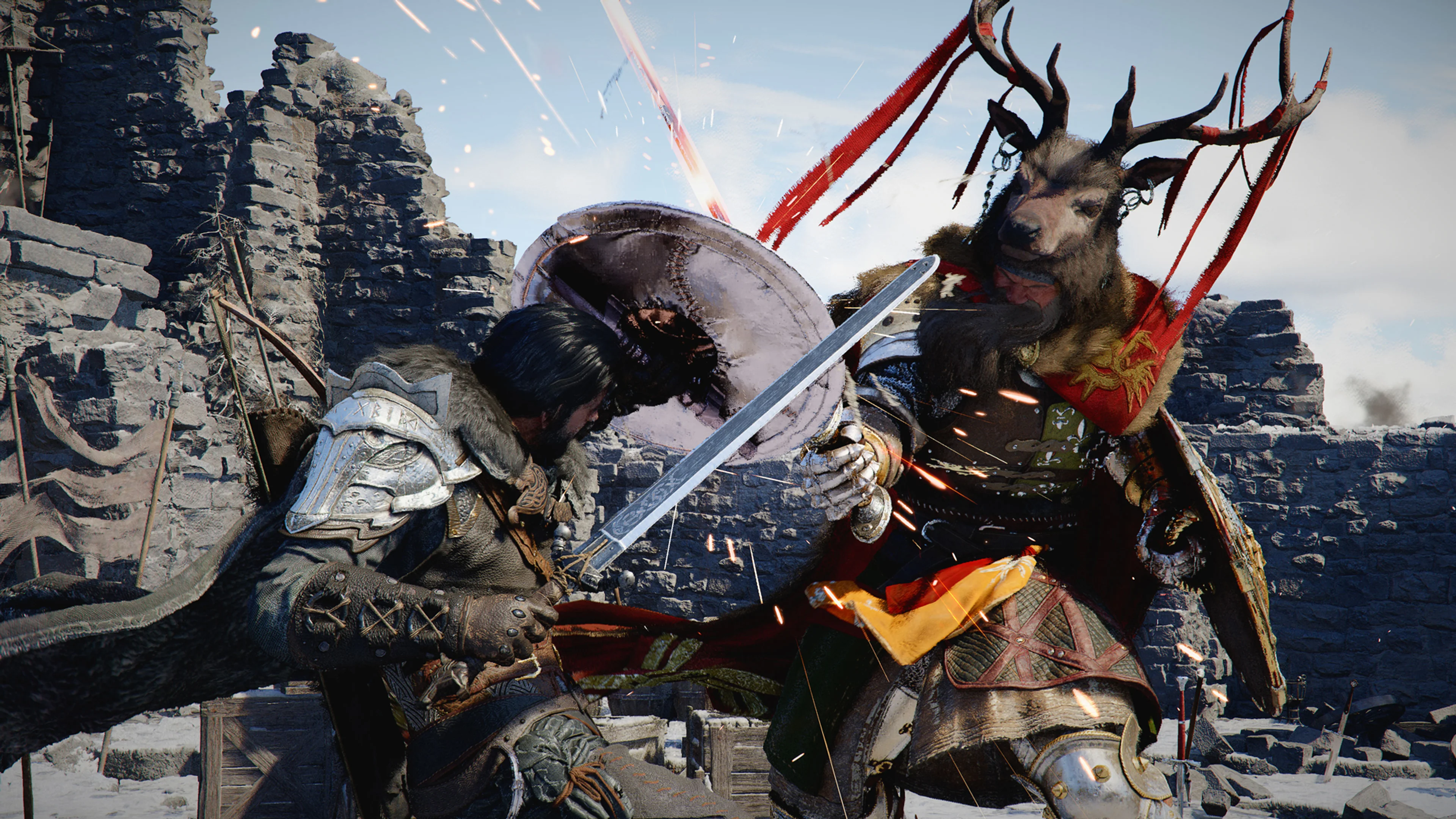 Kliff clashes swords with an armored enemy in a ruined Crimson Desert fortress.