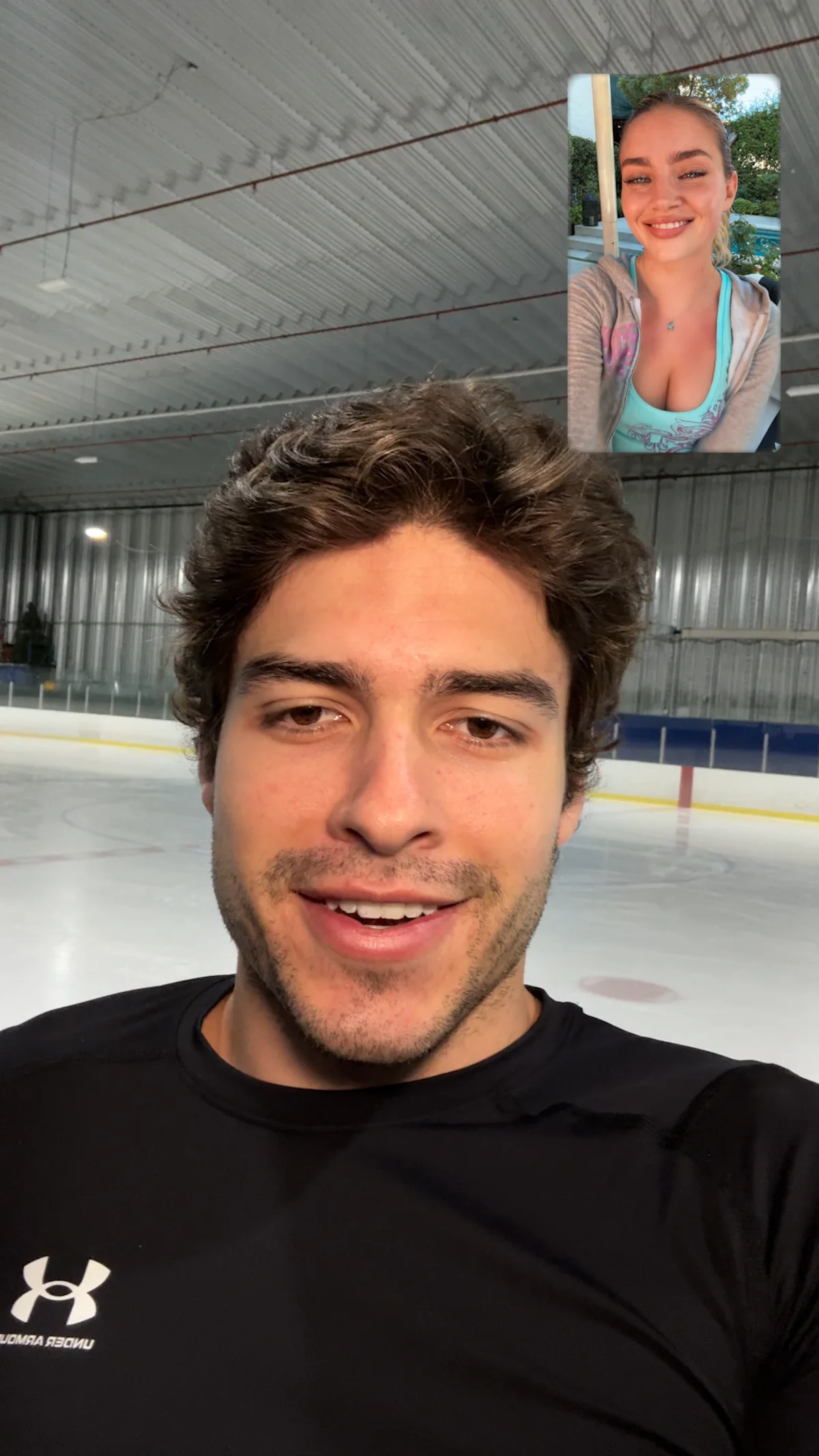 Connor Simos at an ice rink on a video call with Daisy Jelley.
