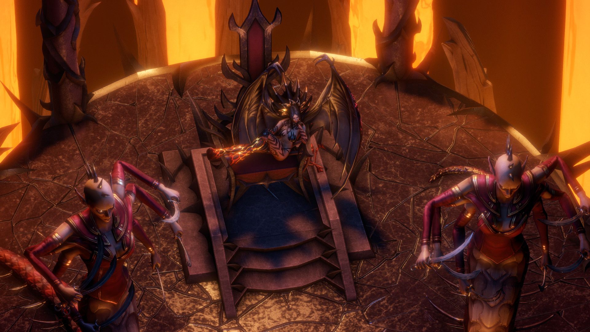 A horned figure sits on a throne between two armoured guards.