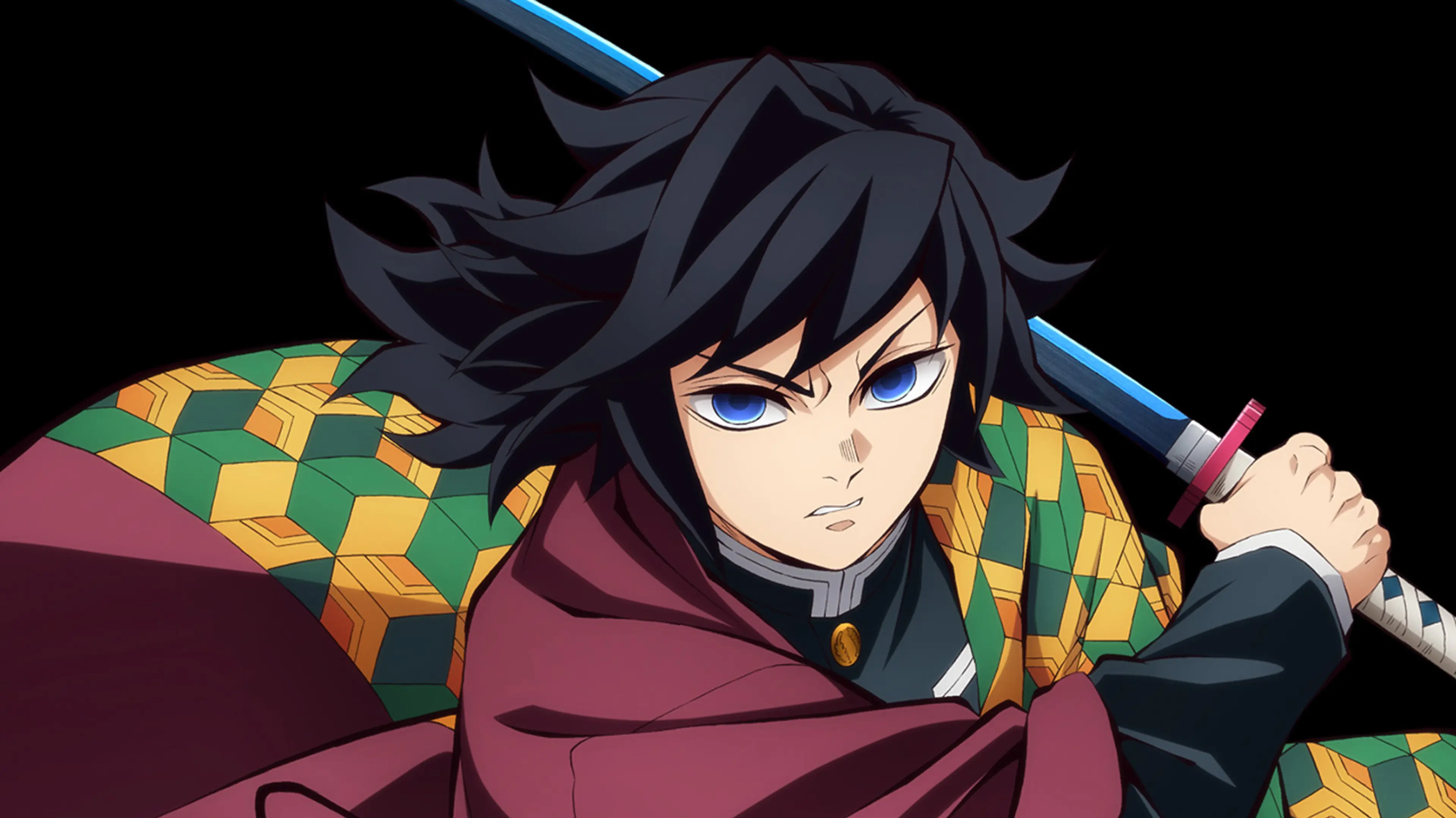Official character art of Giyu holding a sword, with his red-and-patterned coat spread around him.