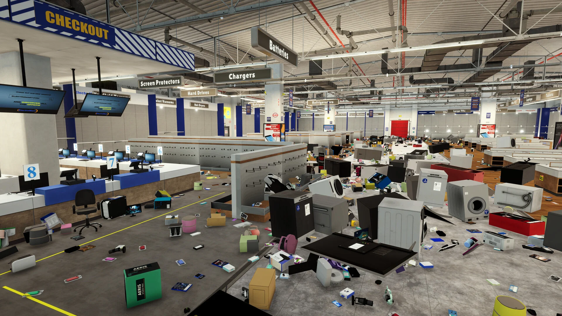 Official Electronics Store screenshot: blue checkout sign at upper left; smaller signs for Batteries, Chargers and Screen Protectors hang over displays, while appliances and computers lie on the floor.
