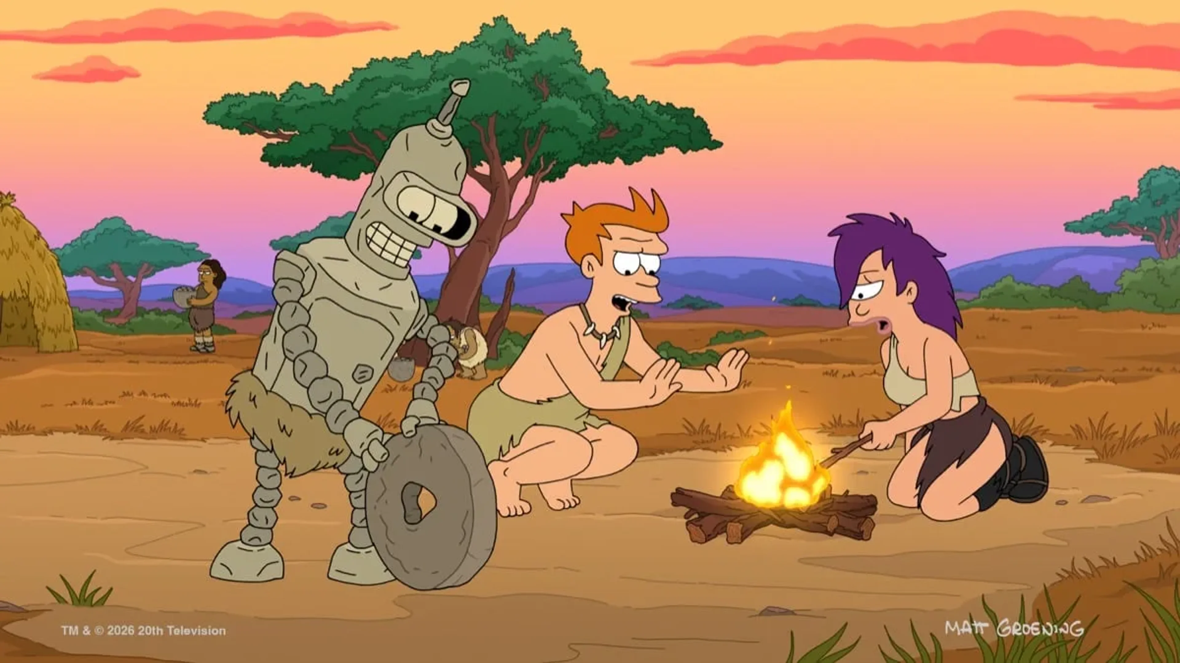 Futurama characters gather around a campfire in an official season 14 finale still.