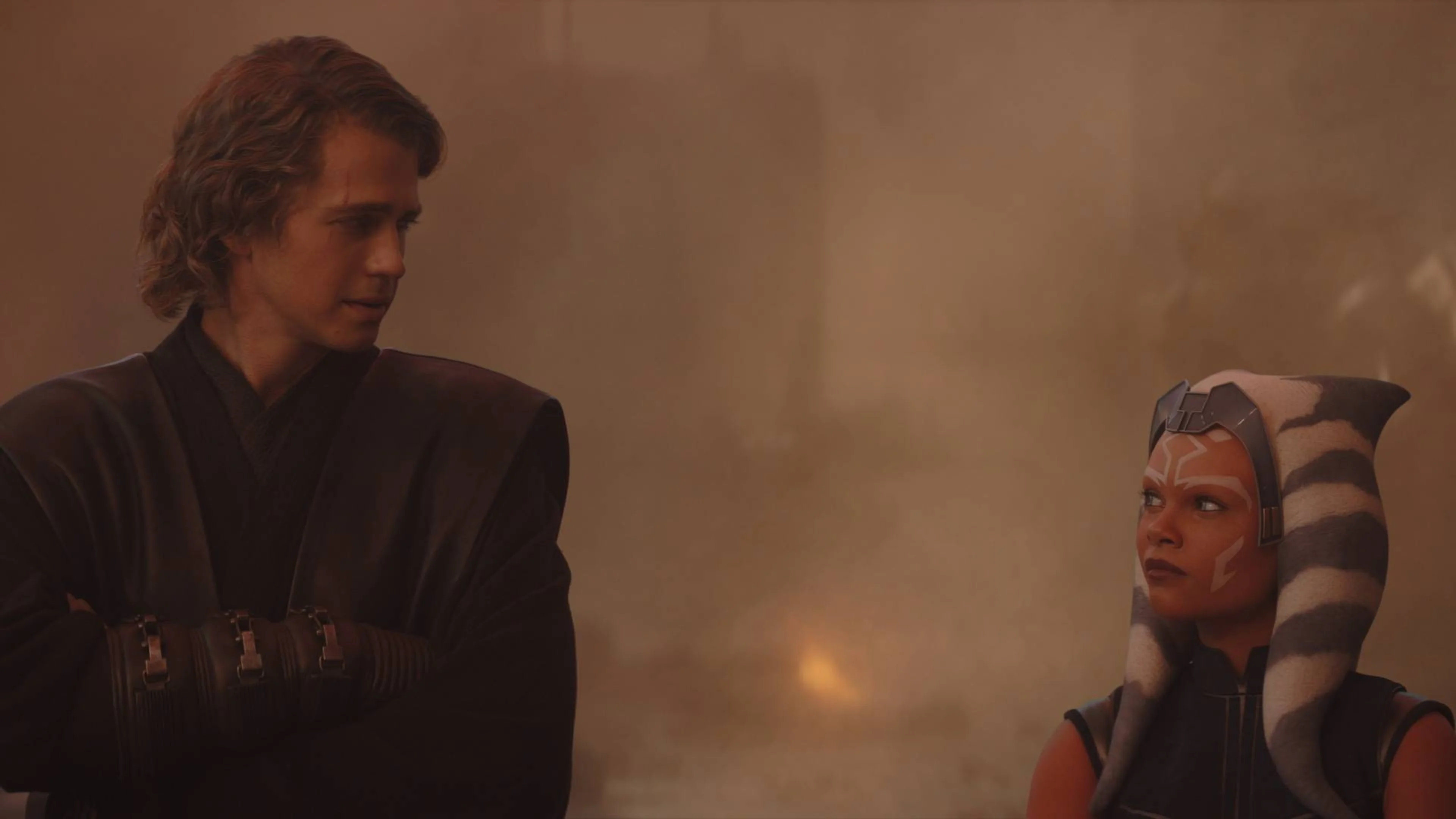 Hayden Christensen as Anakin Skywalker and Rosario Dawson as Ahsoka Tano in an Ahsoka Season 2 still.