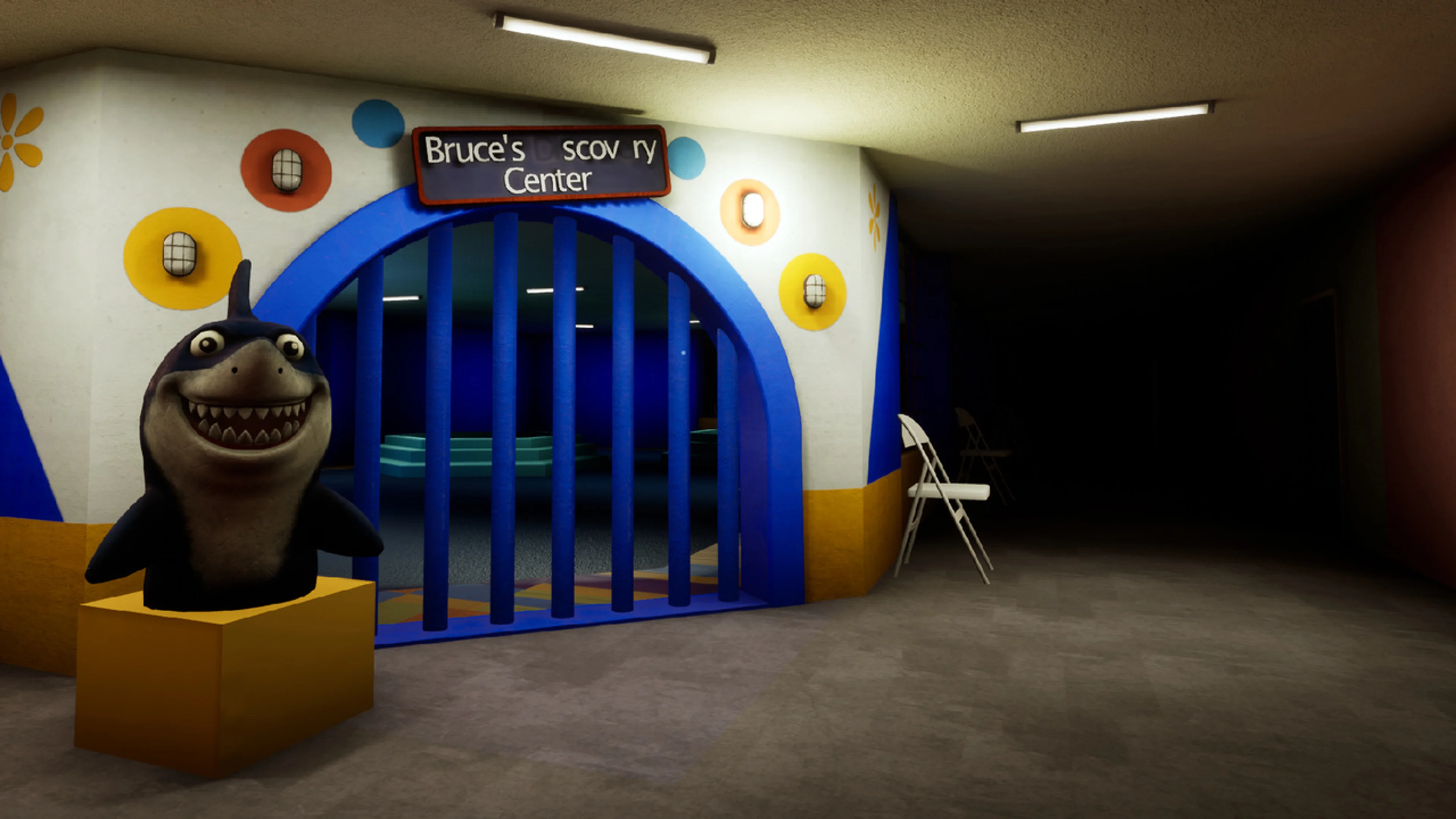 An eerie shark display stands outside a dark play area in Level 421 of Escape the Backrooms.