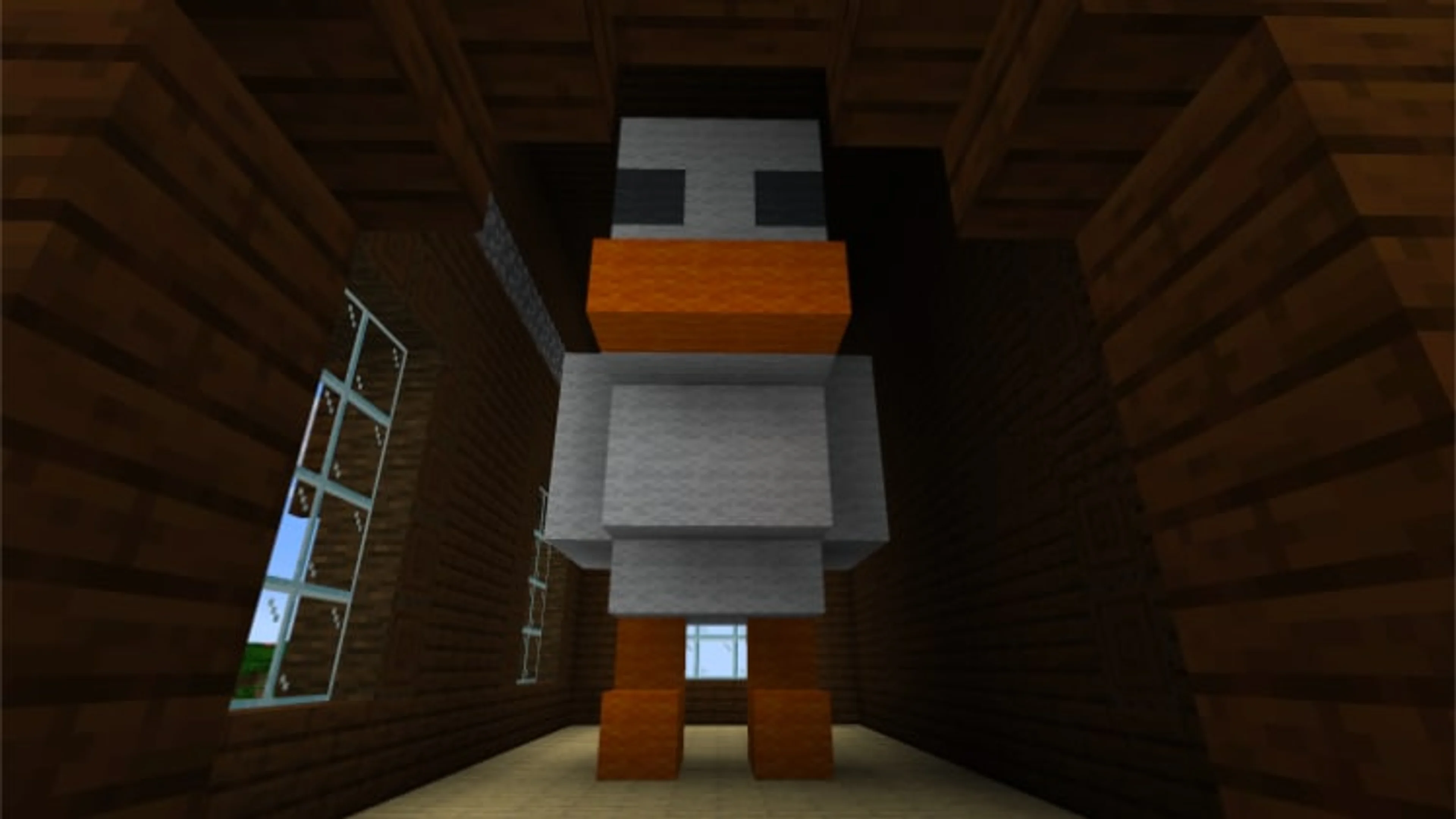 A large wool chicken statue inside a Minecraft Woodland Mansion room.