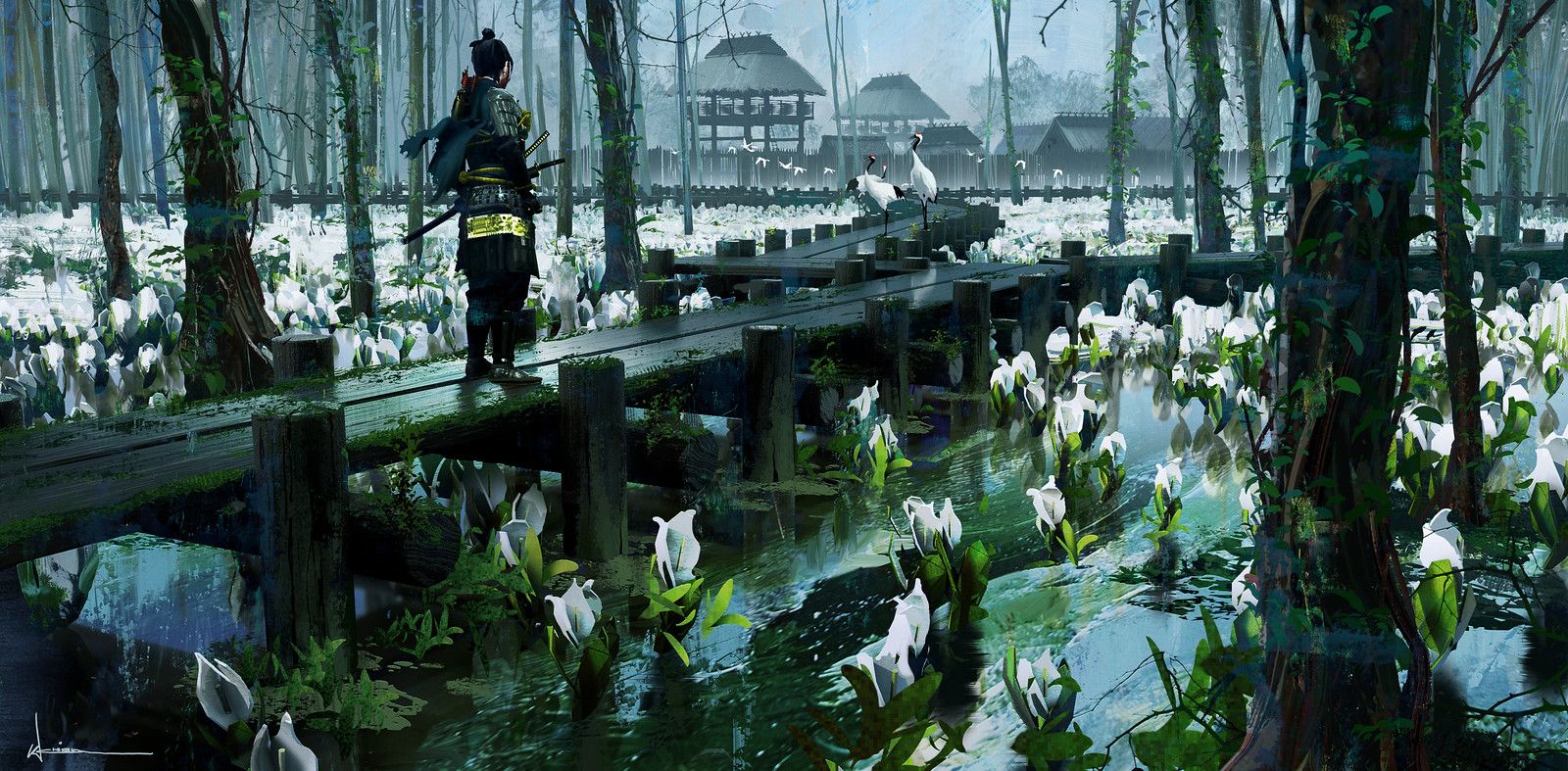 Jin stands before a bridge and village surrounded by white flowers.