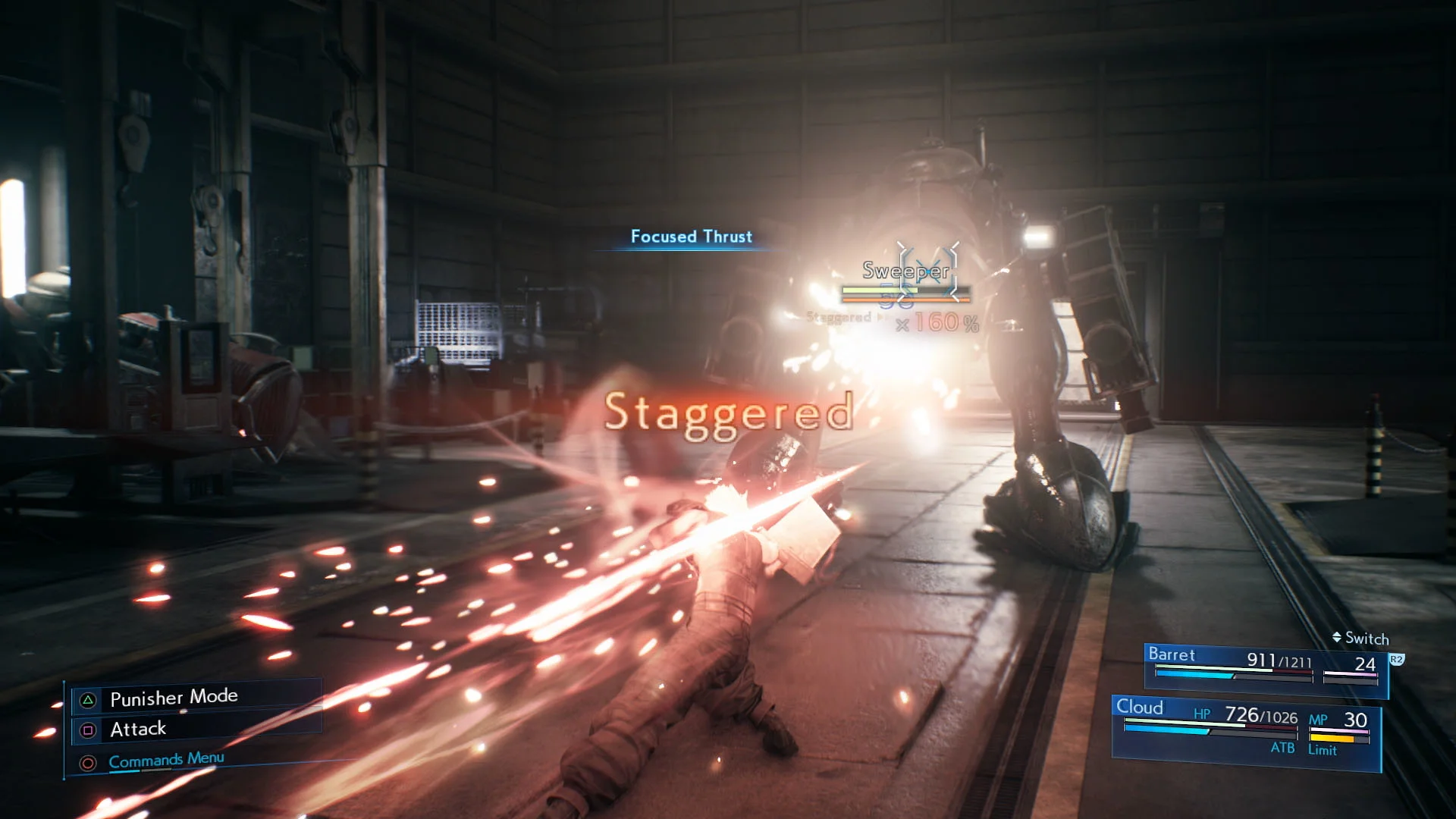 Cloud attacks a Sweeper robot with Focused Thrust; Staggered appears across the centre and an orange gauge with a 160 percent damage multiplier sits below the enemy name.