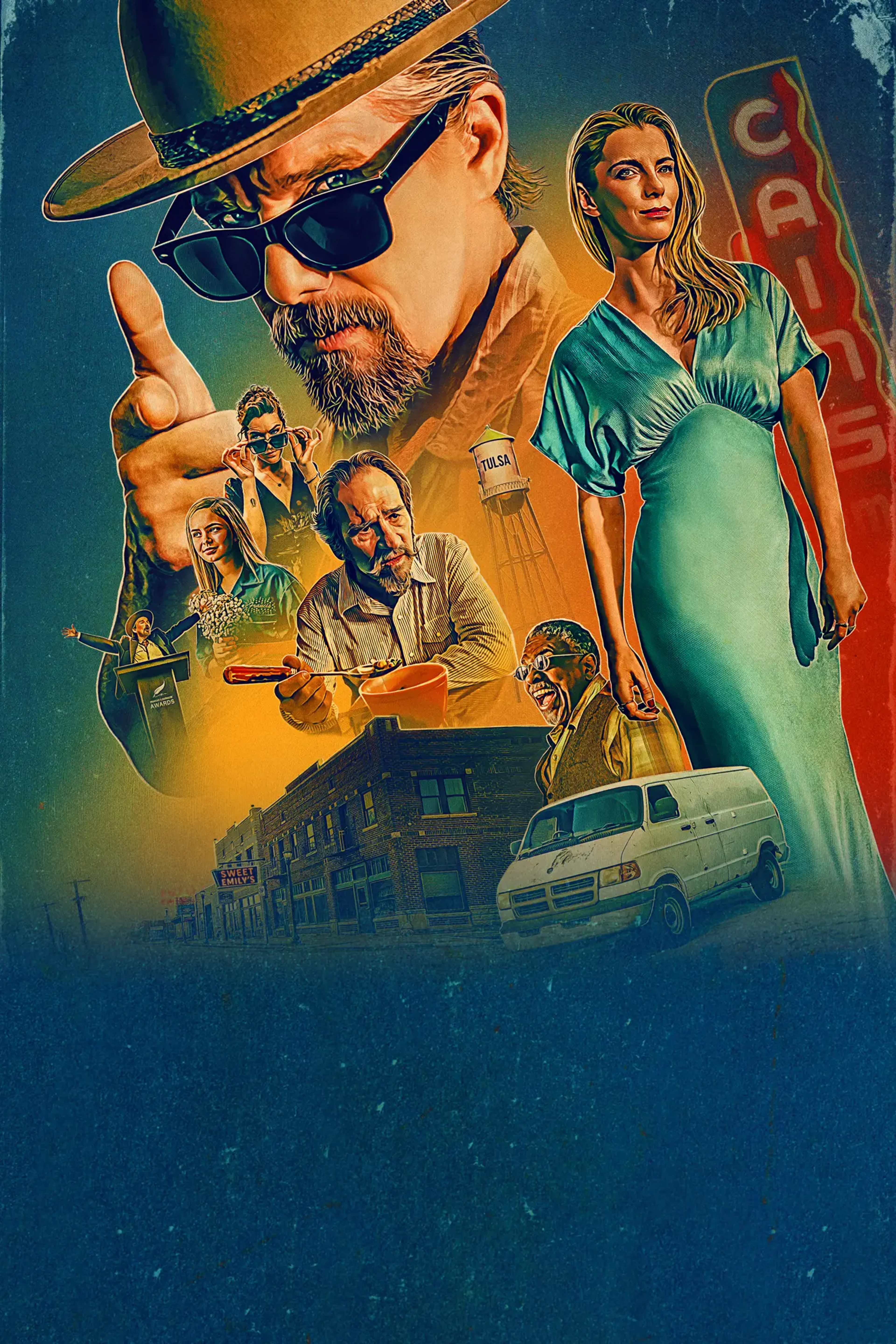 Official The Lowdown campaign artwork with Ethan Hawke, Betty Gilpin and Tommy Lee Jones.