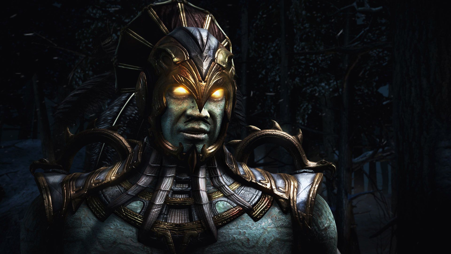 A gold-masked character stands in a dim interior scene.