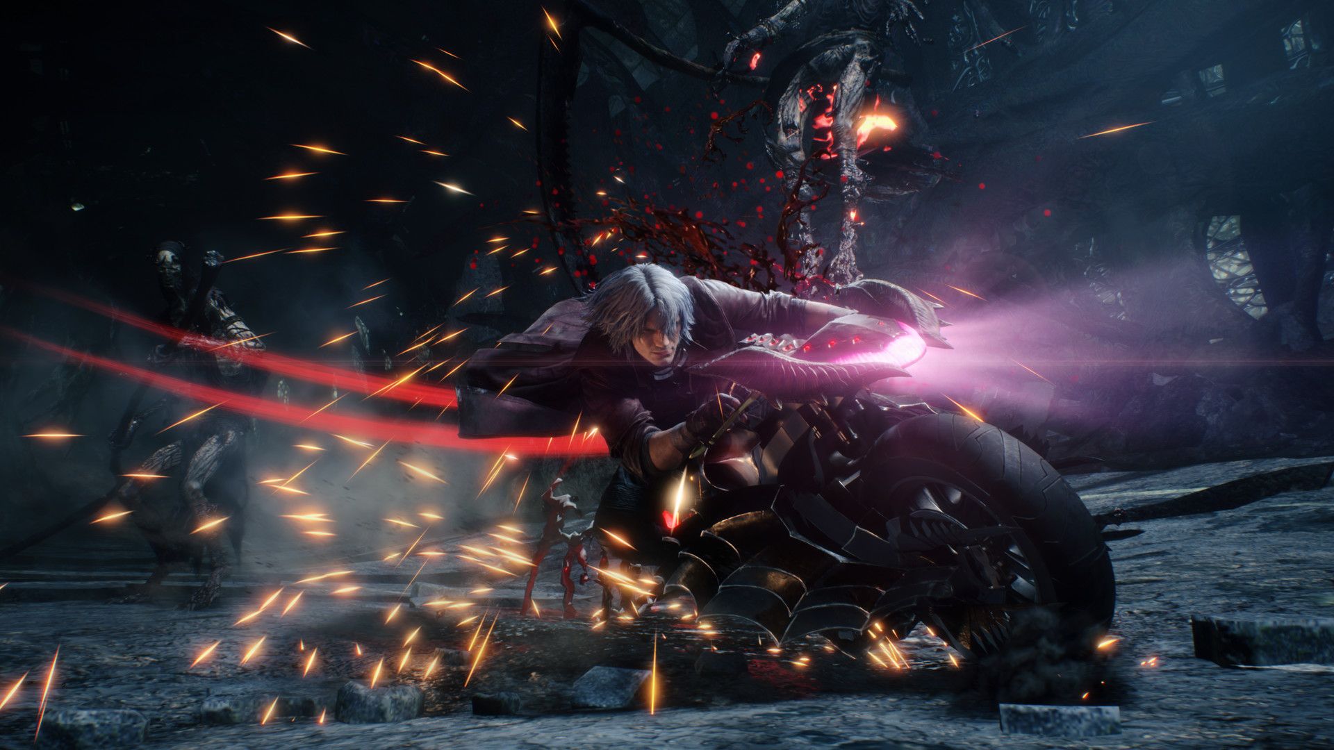 Dante rides a demonic motorcycle through enemies inside a dark structure.
