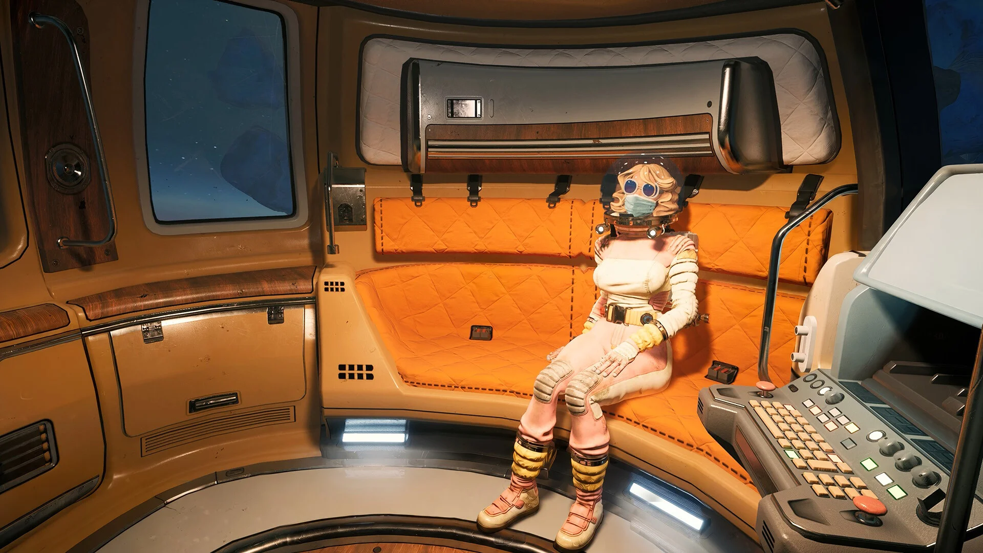 A small astronaut companion sits inside a warm orange spacecraft cabin in Breathedge 2.