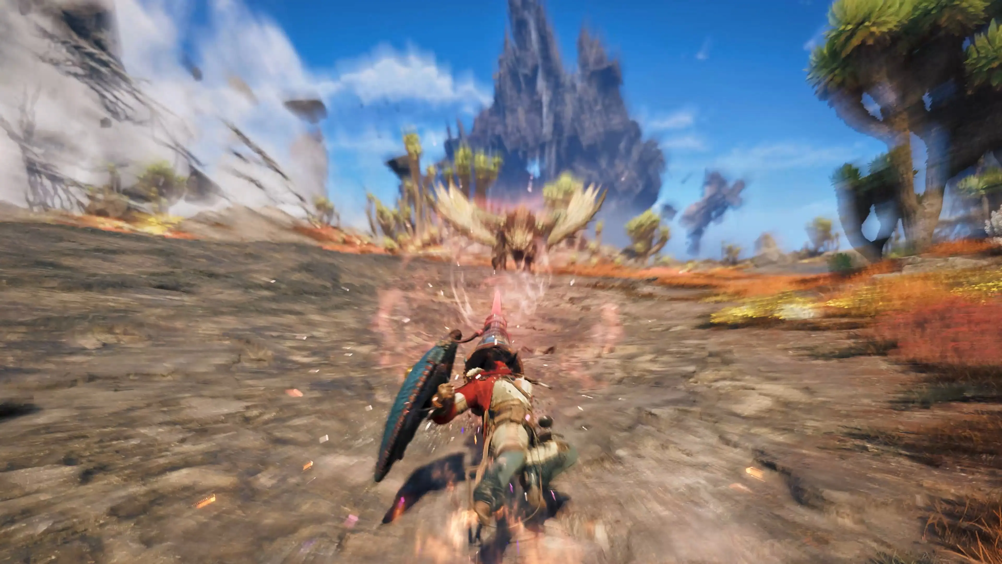 A hunter is propelled forward toward a monster during a Boost Driver action in Ascendance.