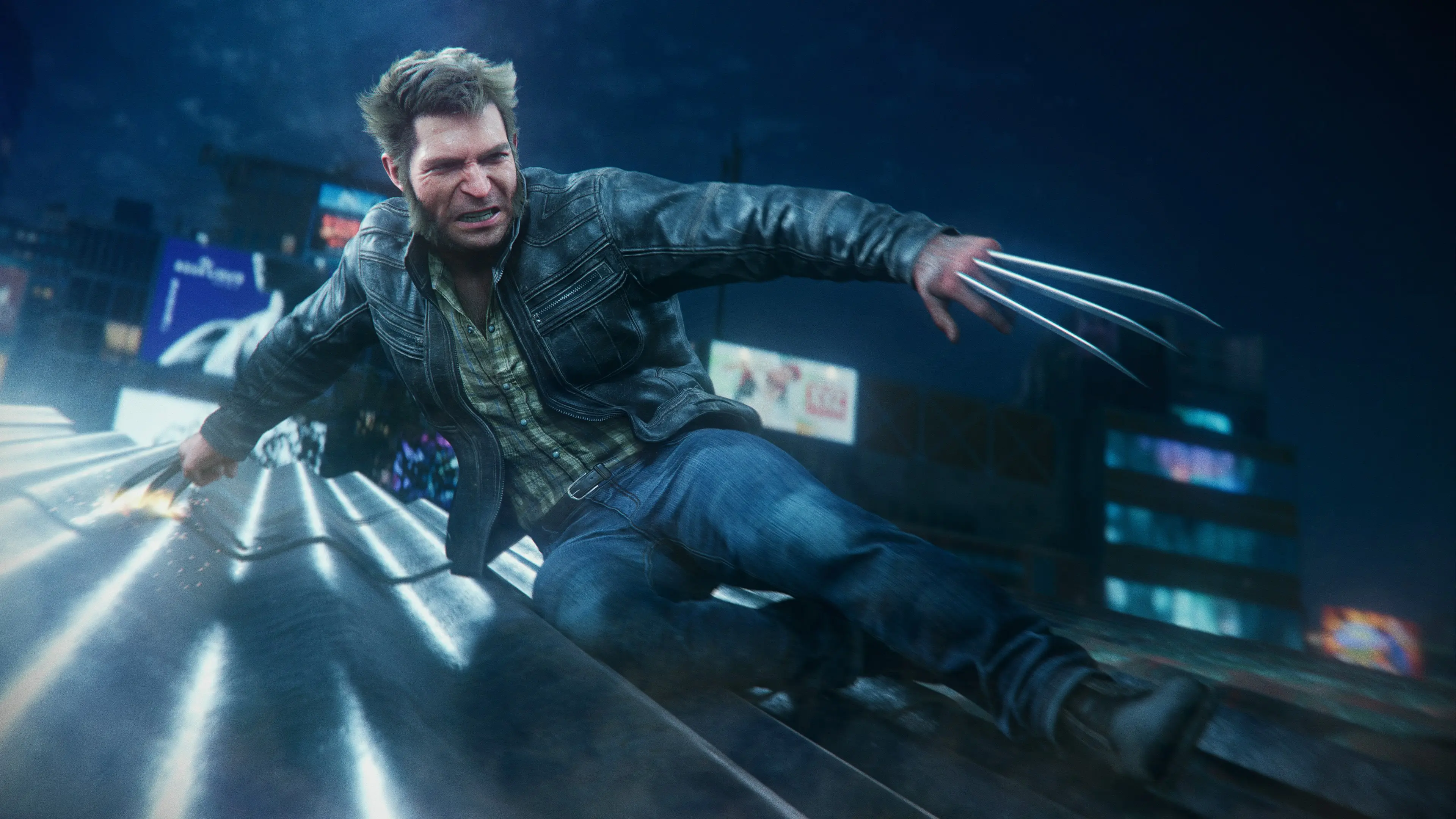 Logan slides along a metal rooftop with his claws extended.