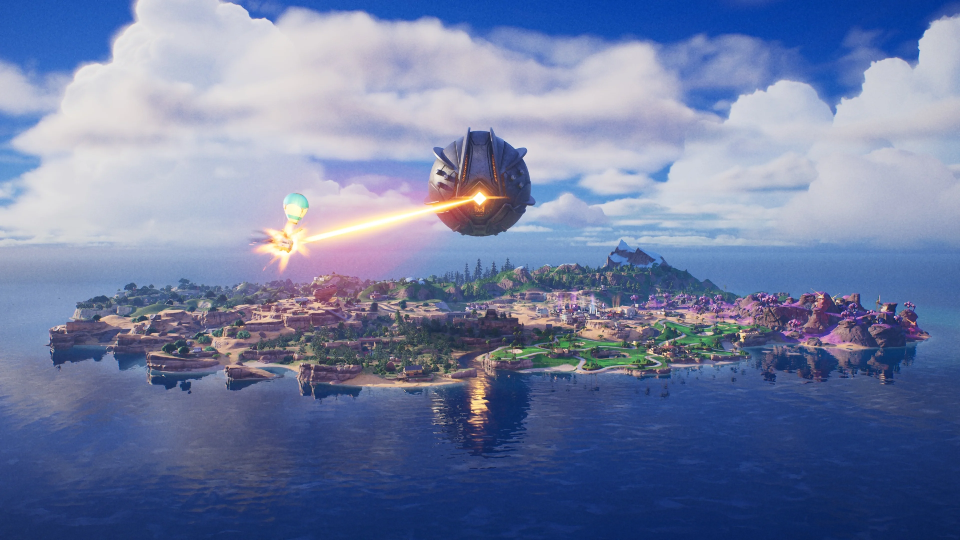 A wide view of a Fortnite island under a bright sky