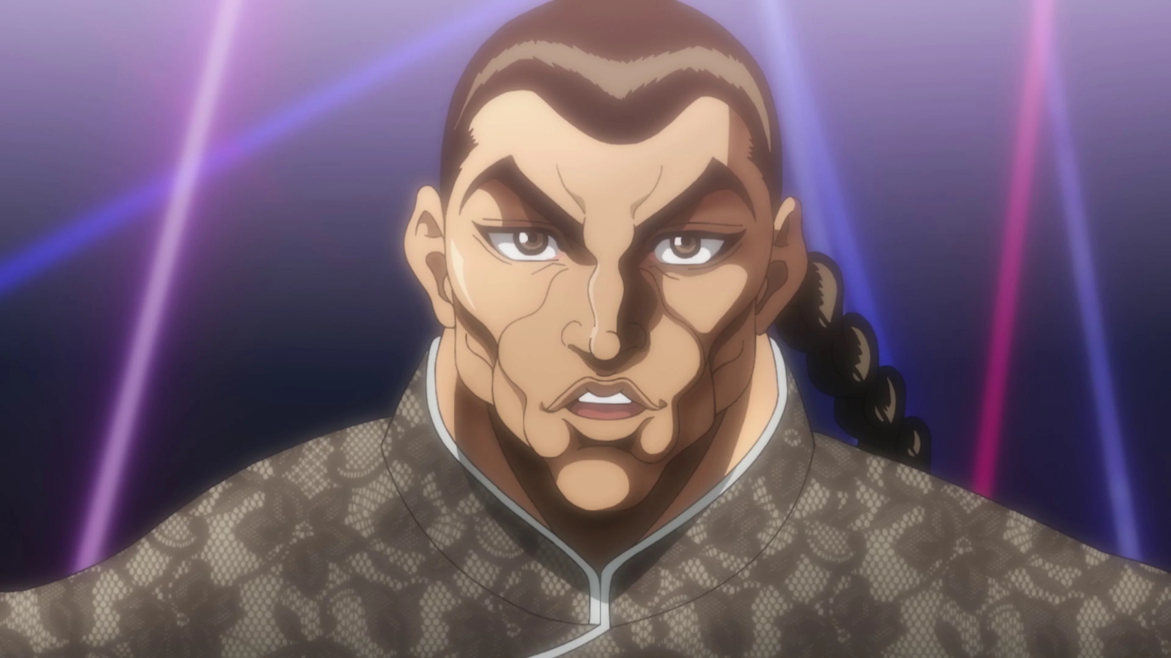 Retsu Kaioh looks ahead under purple and blue lights in an official Baki anime still.
