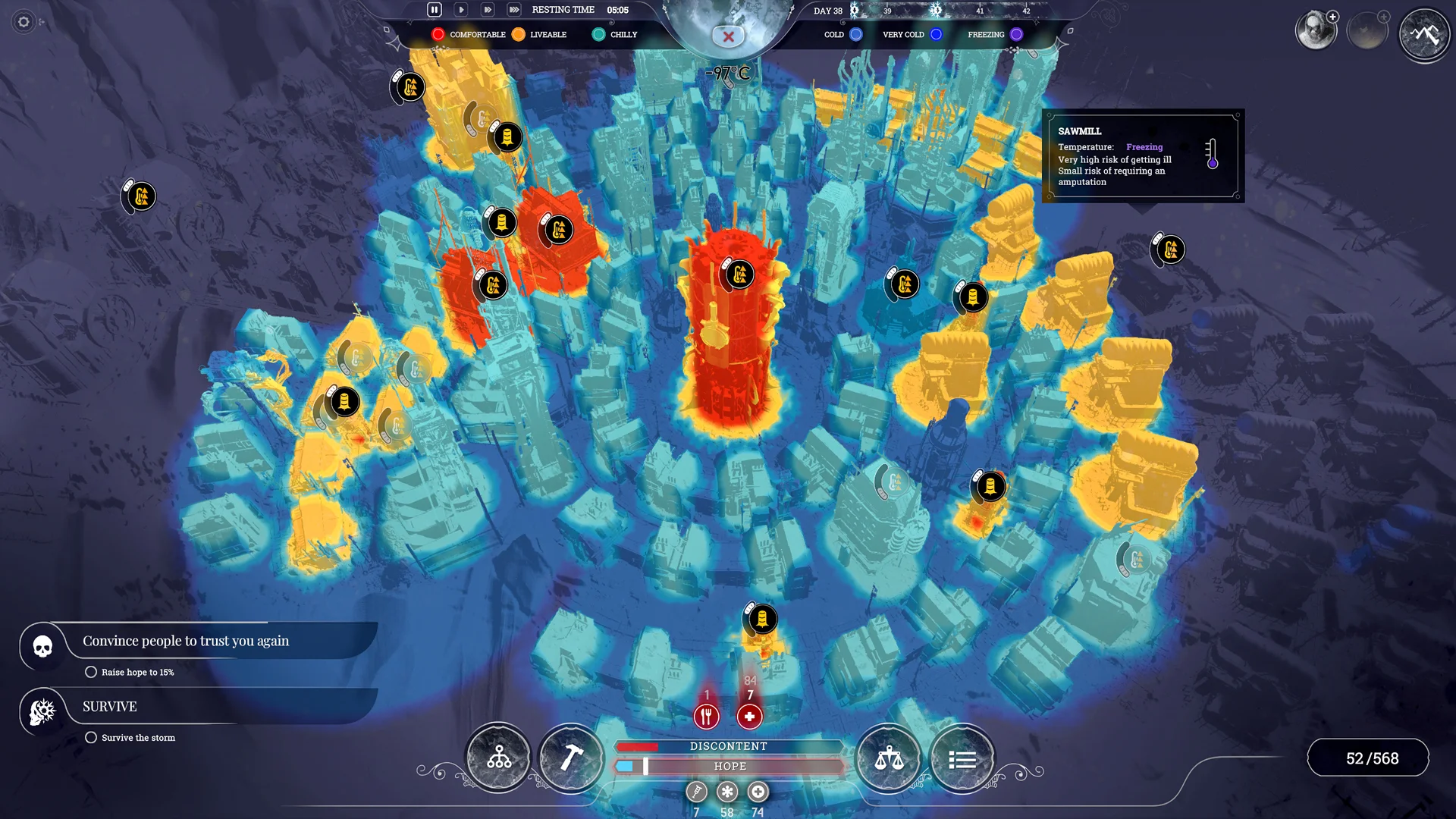Official Frostpunk heat-map screenshot with orange and yellow warm areas, blue cold areas and a temperature legend across the top.