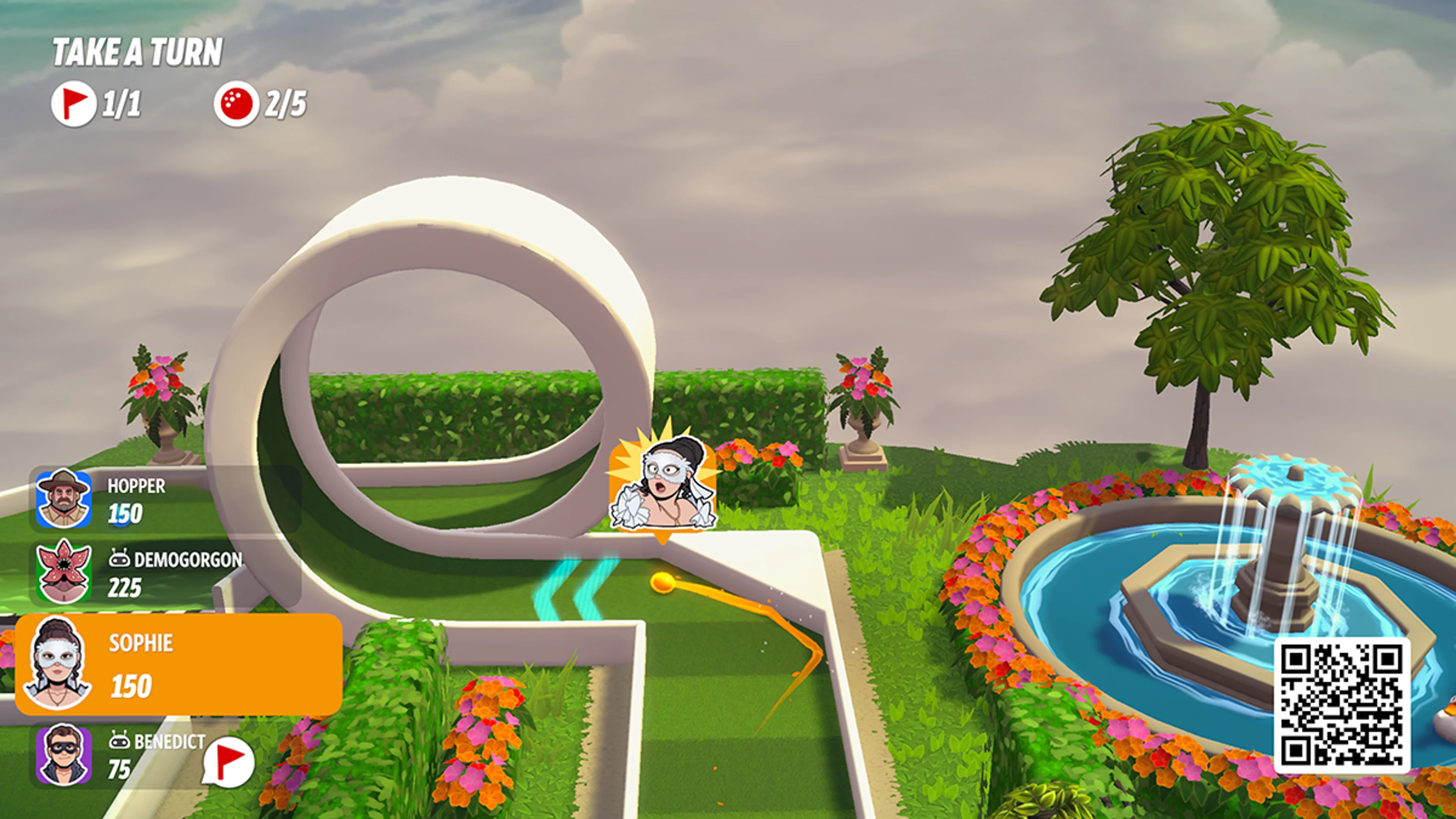 A Bridgerton-inspired garden course in Netflix Minigolf shows a looped lane and fountain.