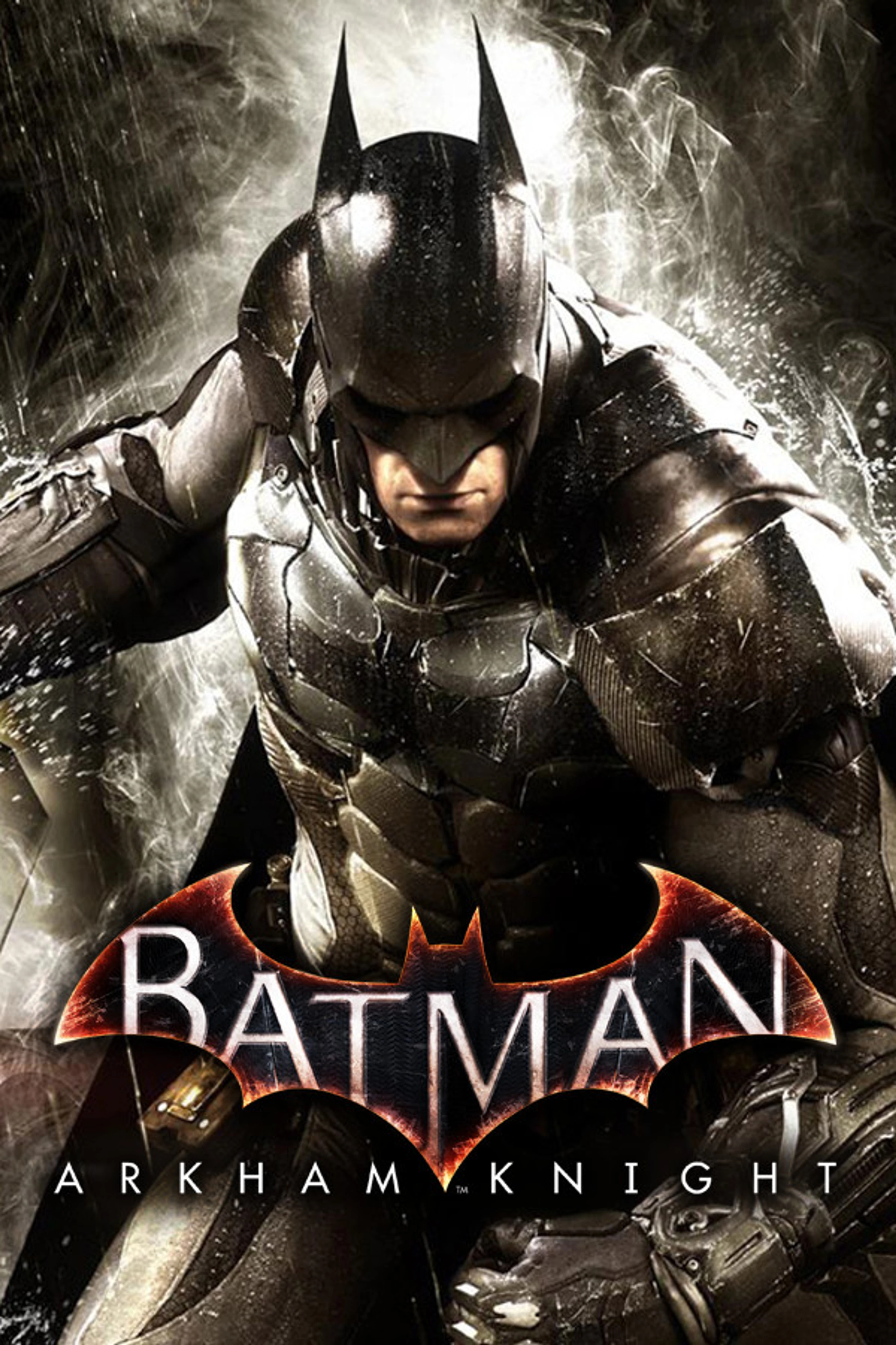 Official Batman: Arkham Knight vertical poster showing armored Batman and the native bat-shaped game logo.