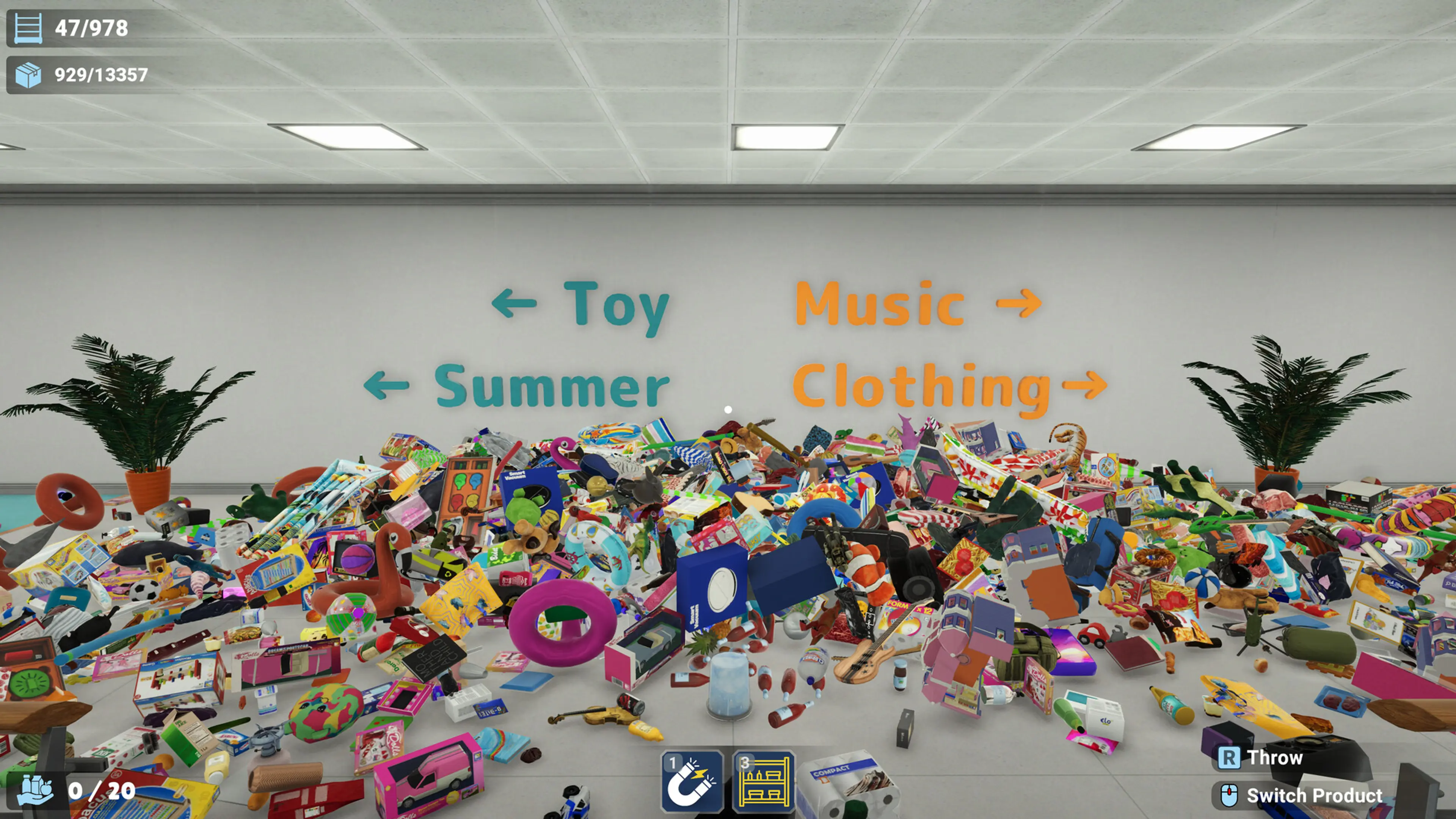 A colorful pile of products waits to be sorted beneath the Toy Store department signs.