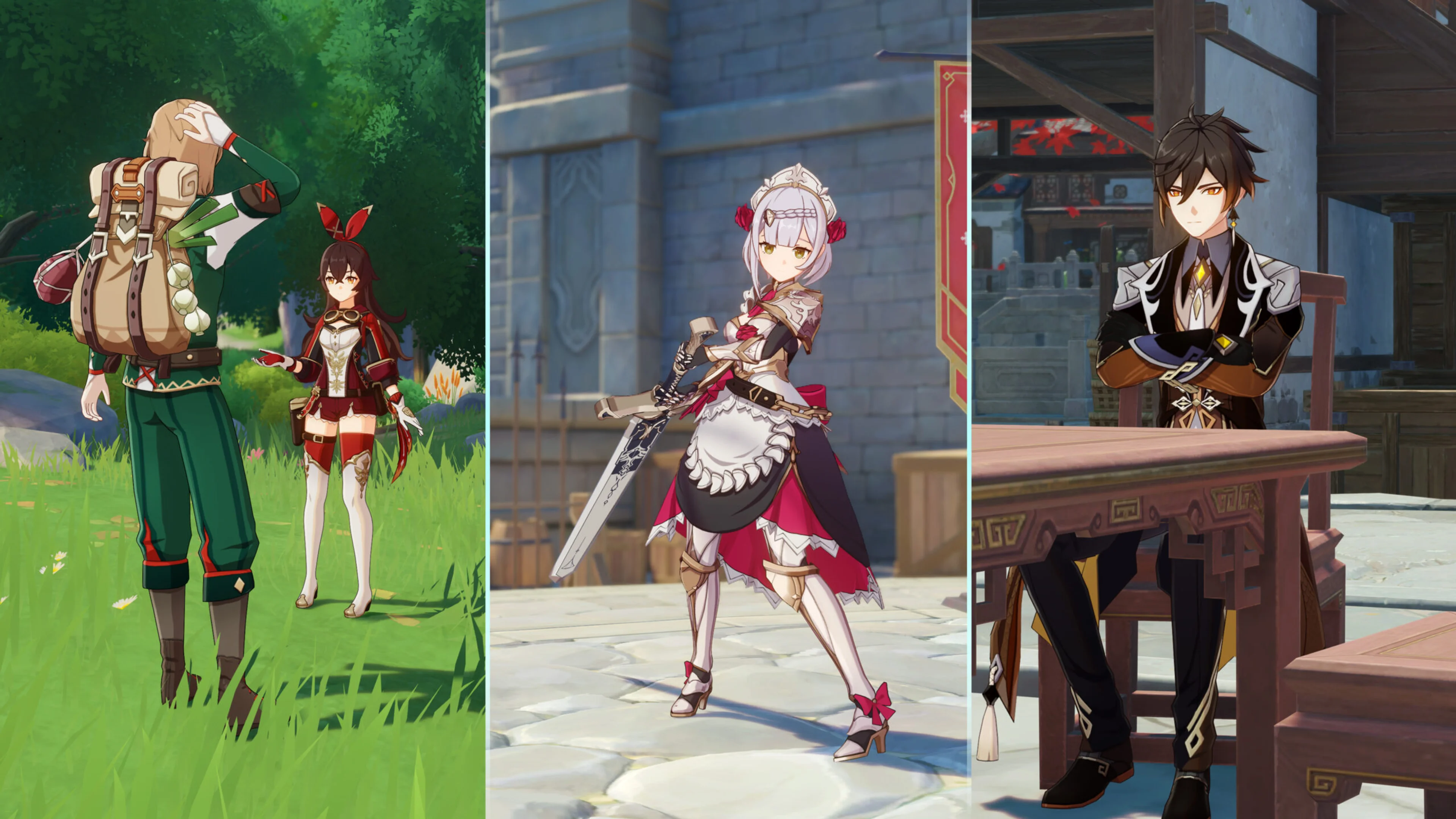 Amber, Noelle, and Zhongli appear in three Genshin Impact scenes.