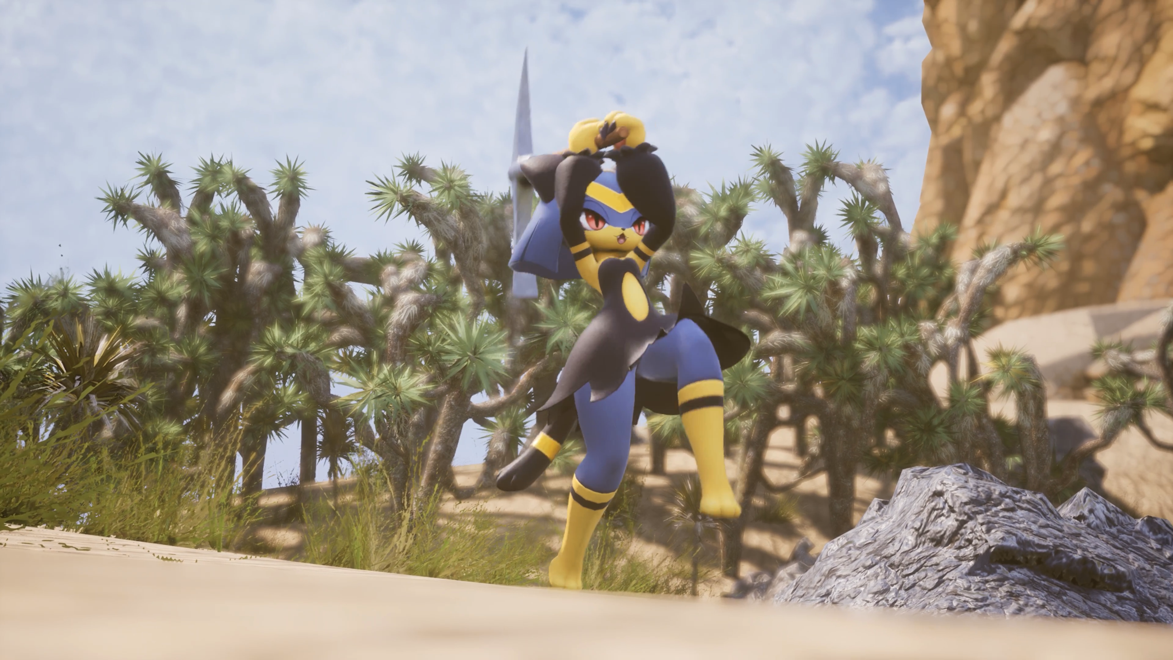 A dark Pal standing in an open area of Palworld.