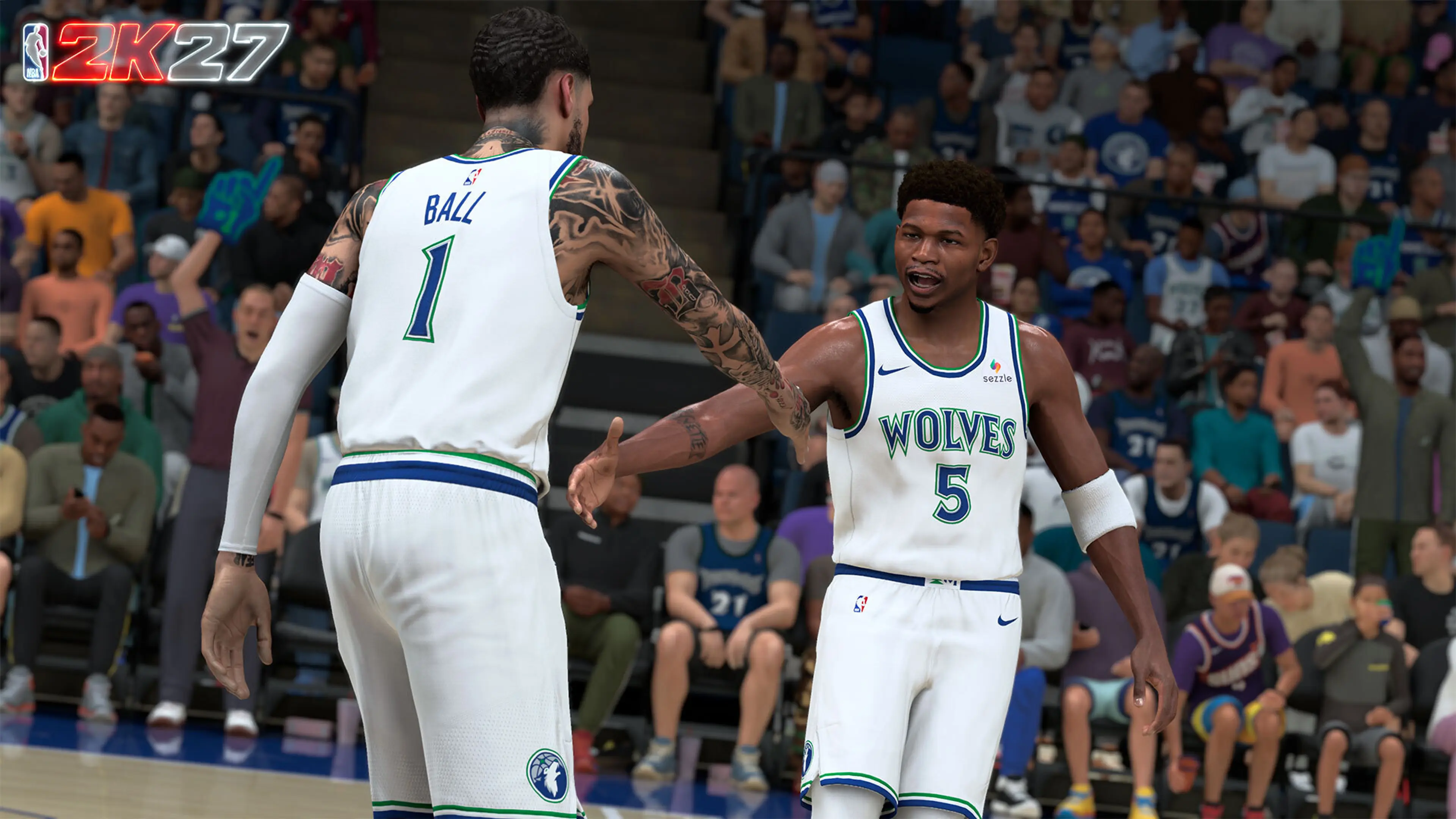 Two Minnesota players wearing Ball and Edwards jerseys celebrate during an NBA 2K27 game.