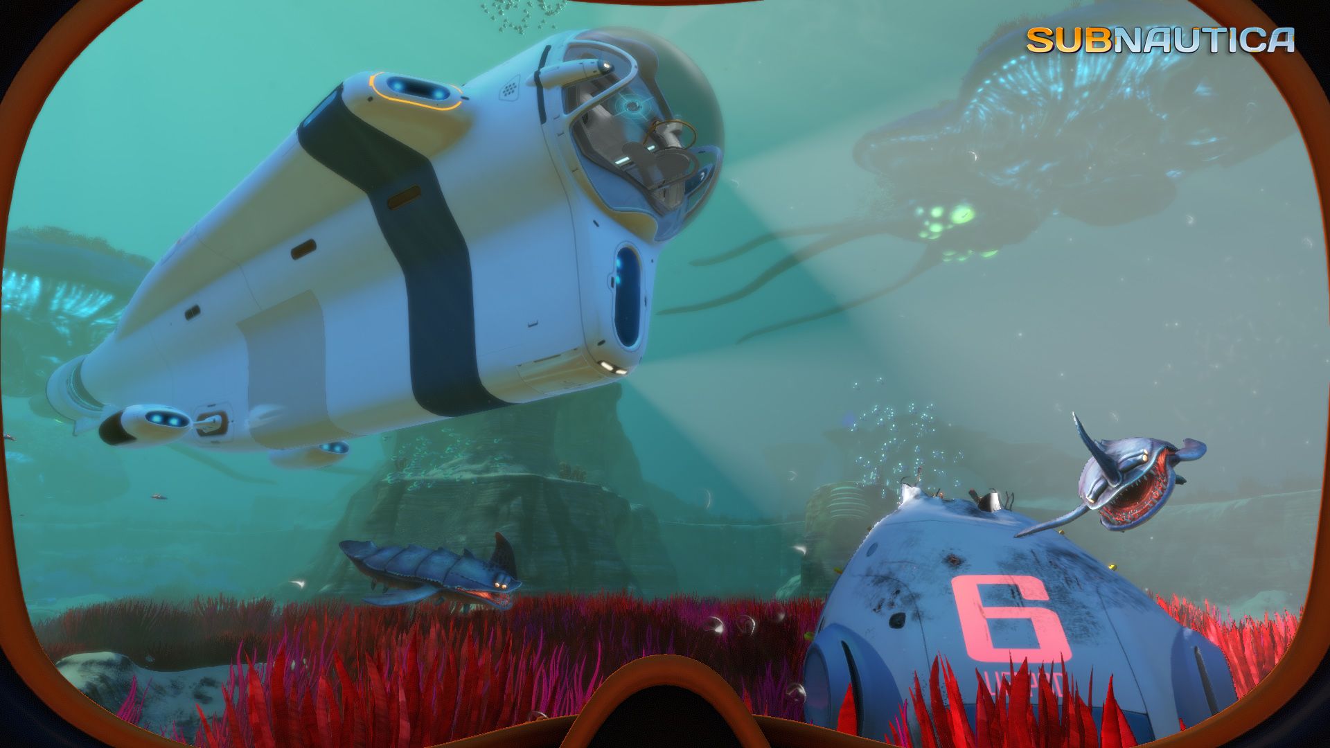 A large white submarine moves near a red-and-white lifepod and a damaged structure.