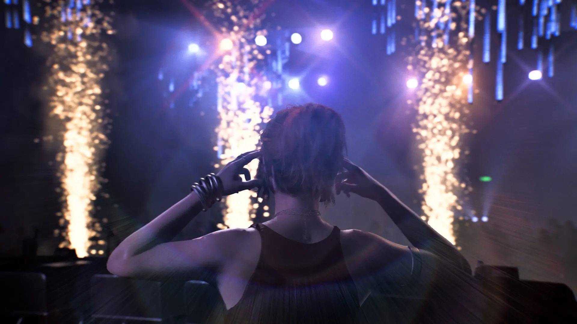 A woman stands in front of bright lights during a Dead True filming session in Until Dawn 2.