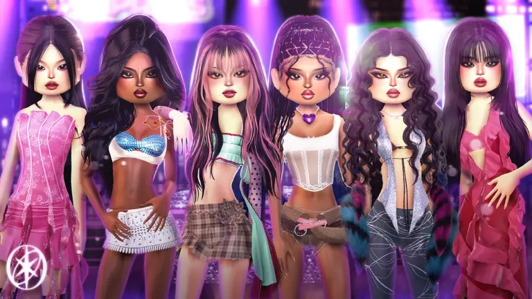 Six diverse Dress To Impress characters wearing different detailed outfits on a colorful runway.