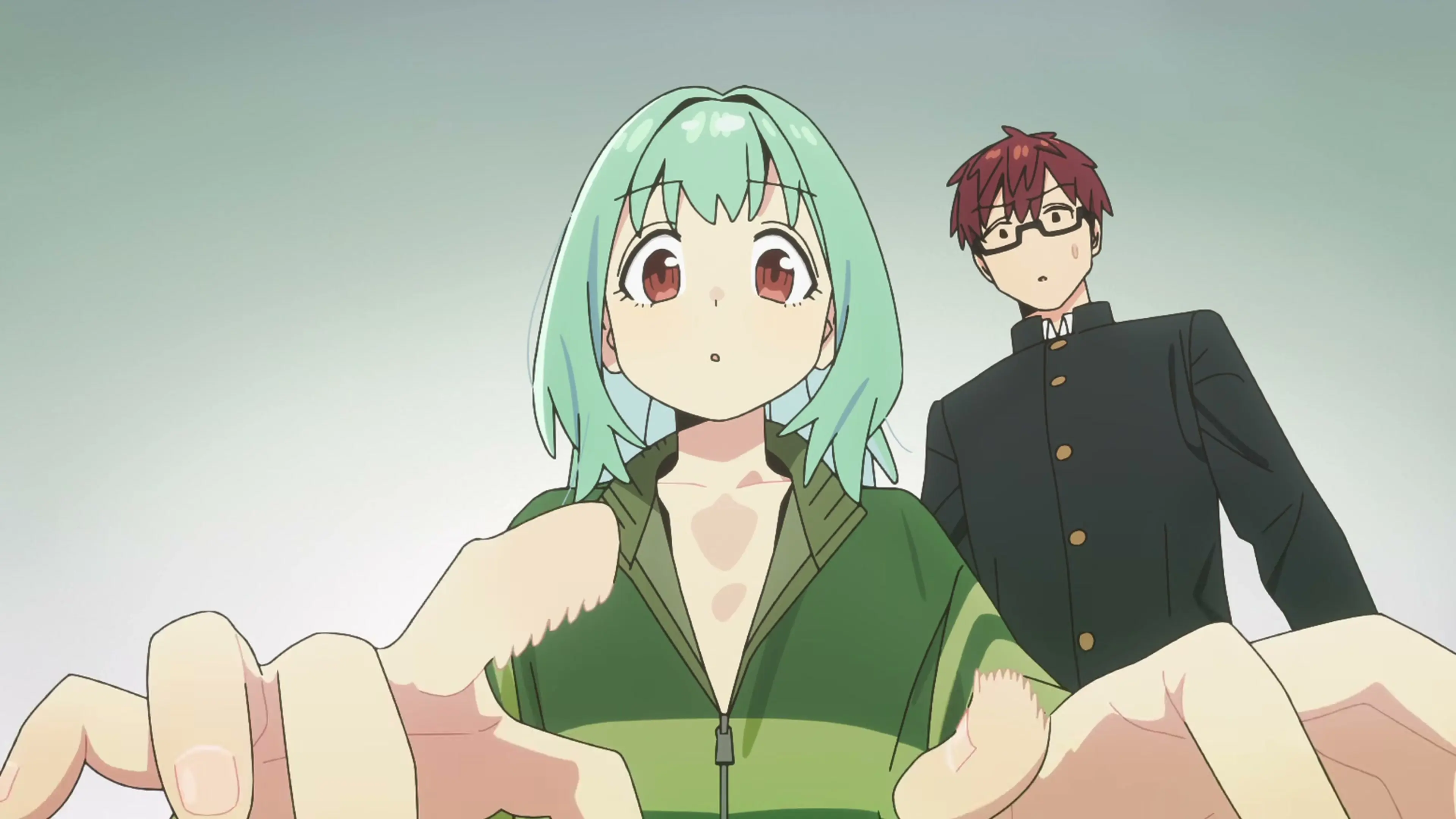 Ume Mizunoe stands beside a green-haired student council member in a school courtyard.