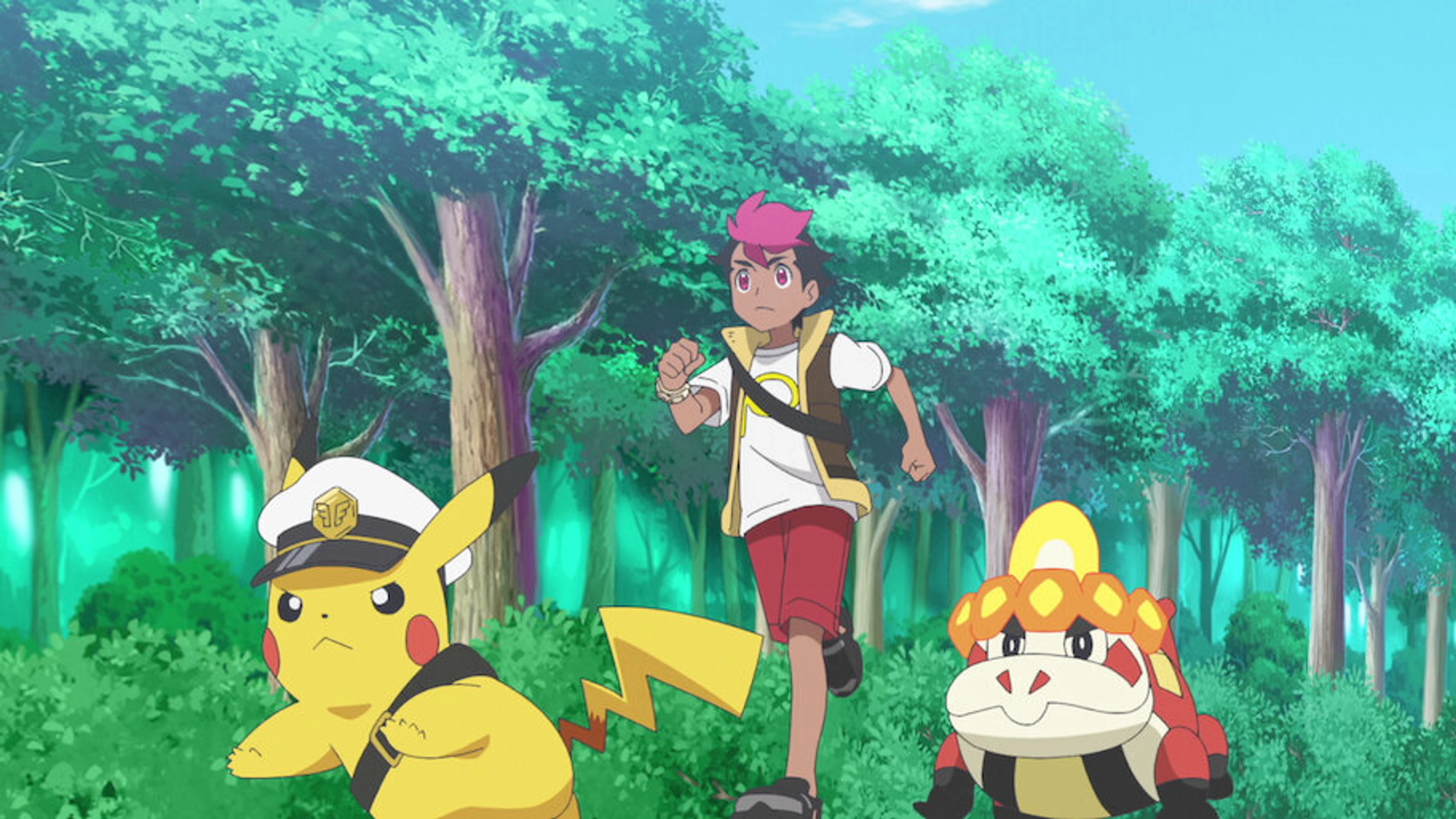 Roy and Captain Pikachu move through a green forest.