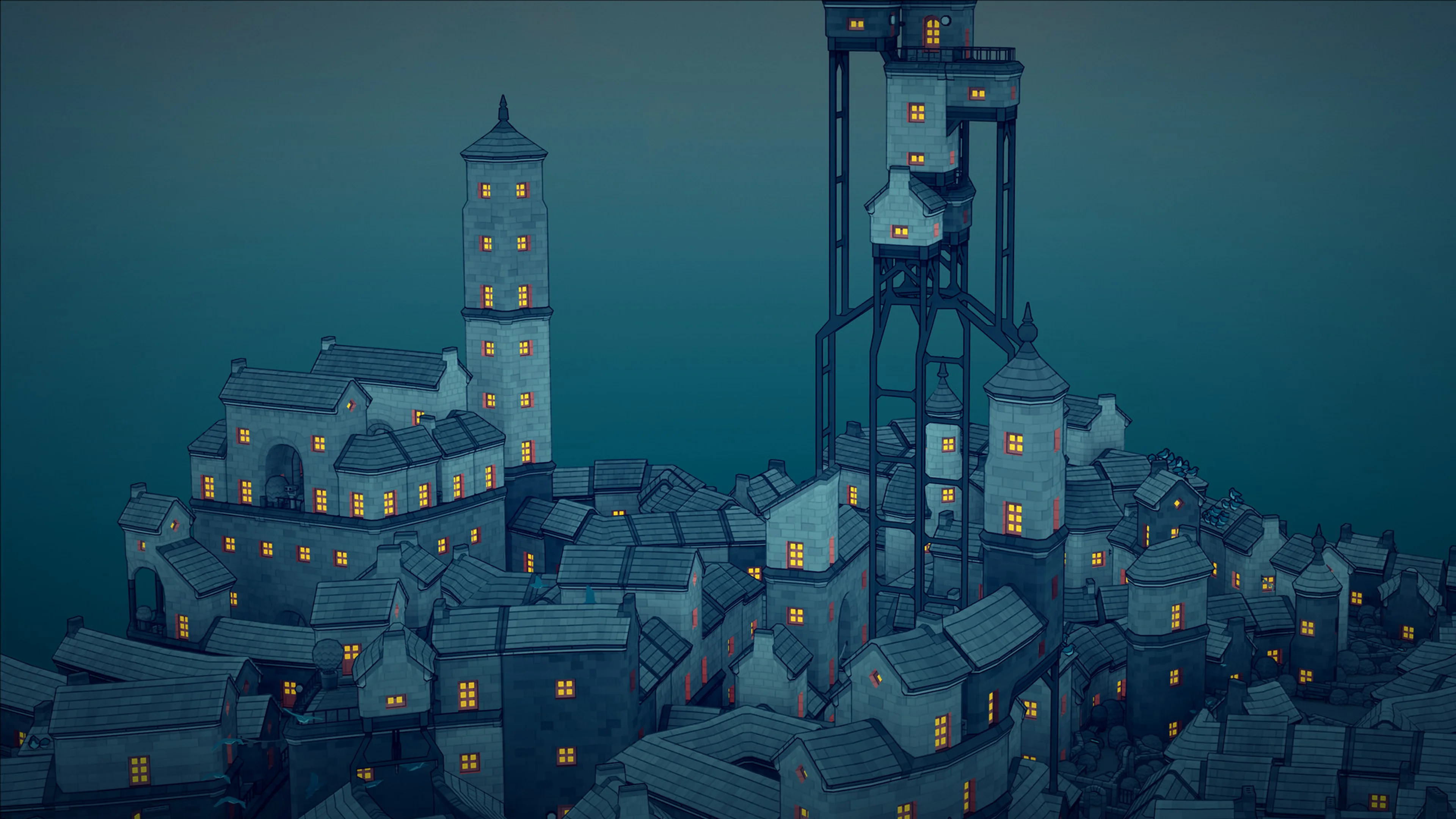 A town of towers and small houses at night in Townscaper.