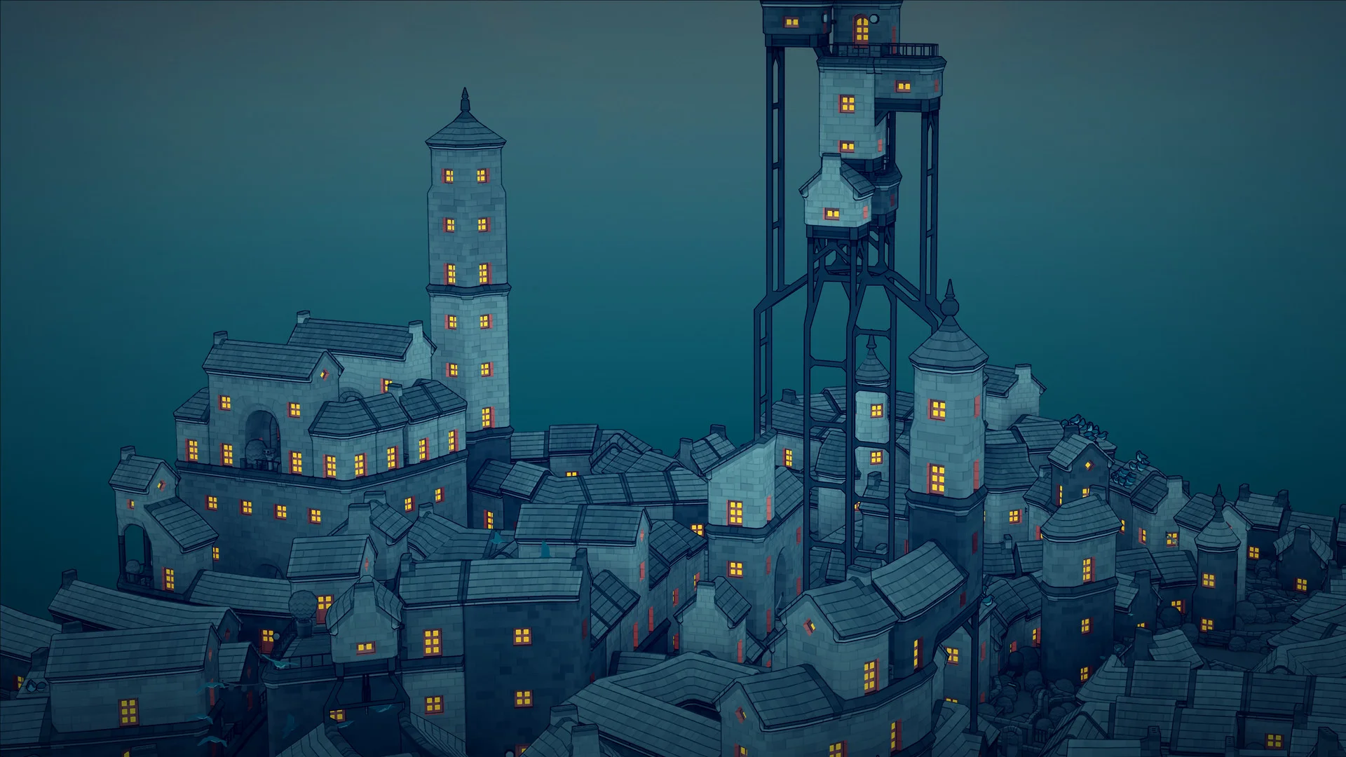 A town of towers and small houses at night in Townscaper.