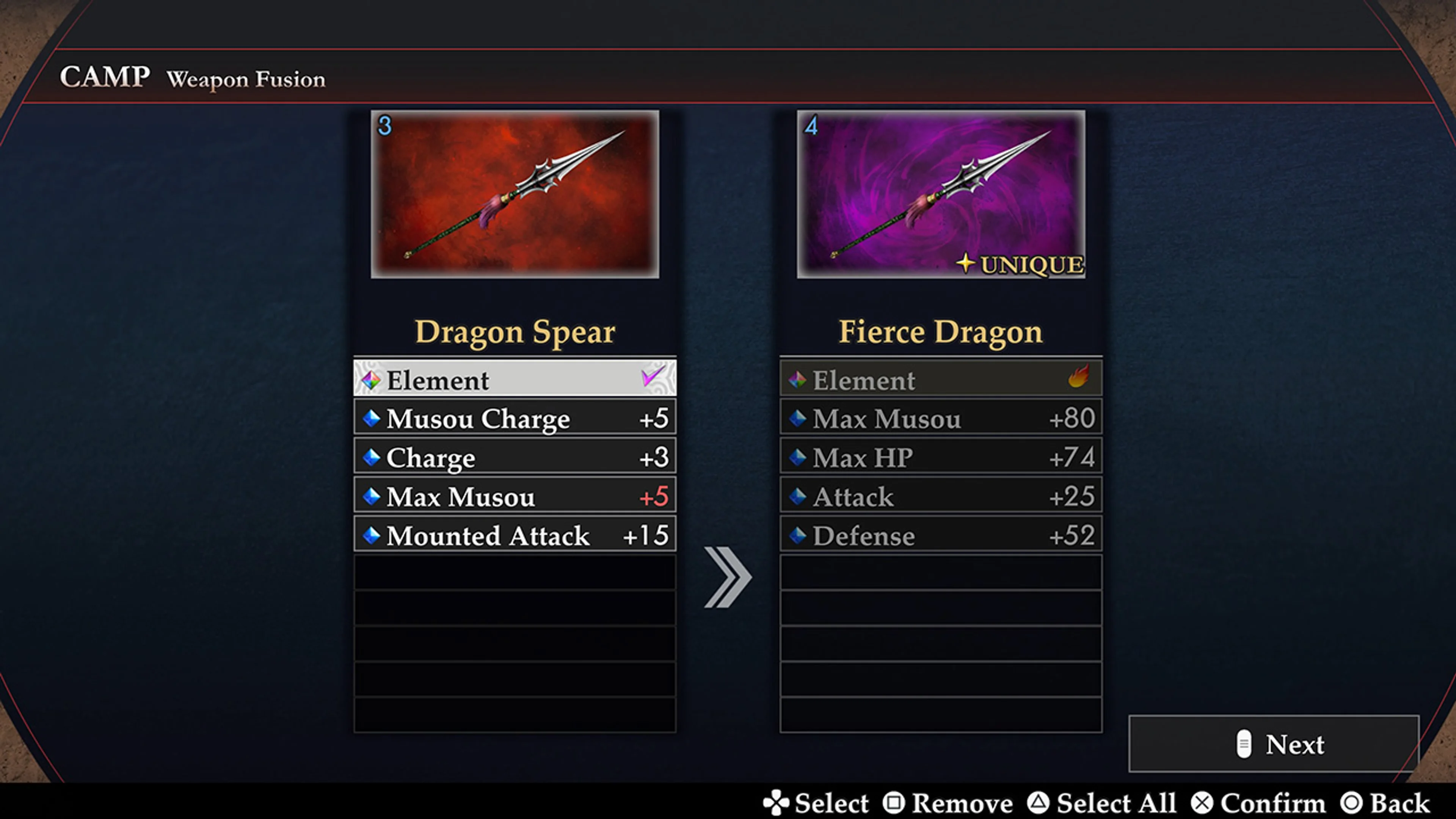 The Weapon Fusion screen compares a Dragon Spear with a Fierce Dragon and lists their attributes.