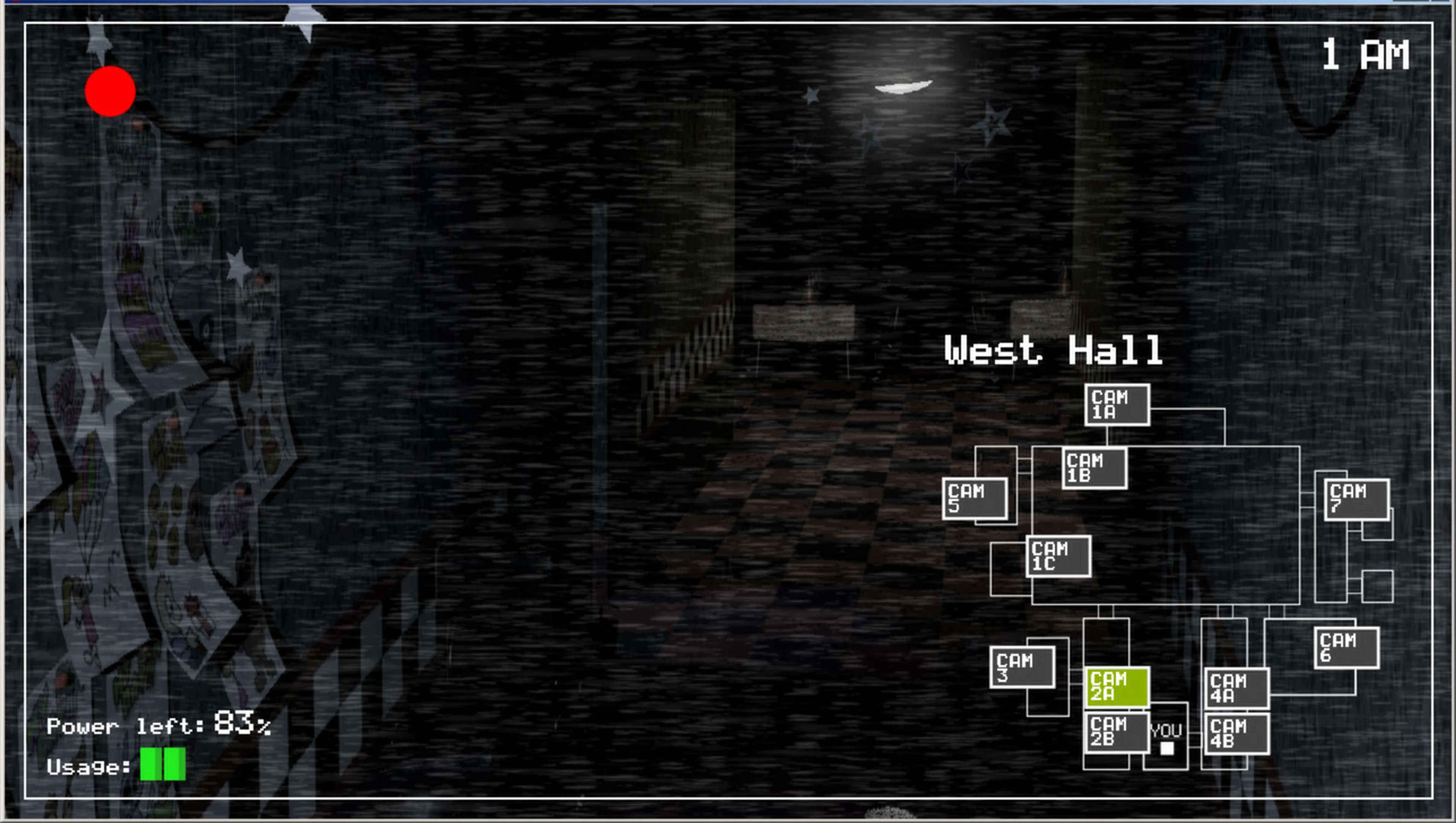 West Hall camera in FNAF with CAM 2A highlighted on the right map and power displayed below.
