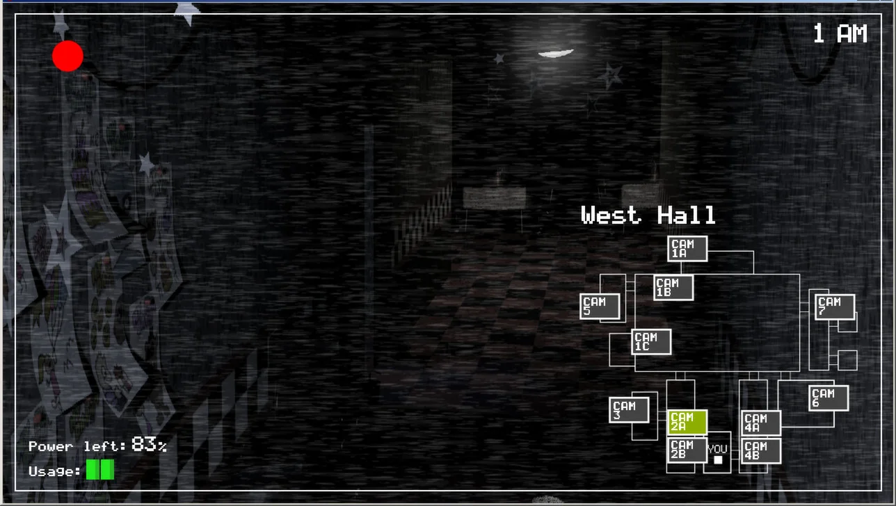 West Hall camera in FNAF with CAM 2A highlighted on the right map and power displayed below.