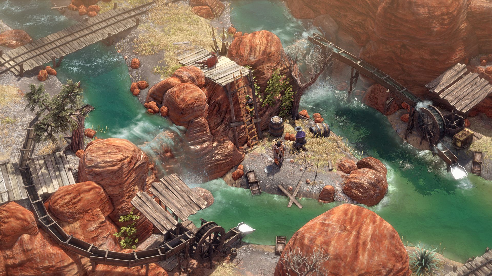 An overhead view follows a river through red rocks, wooden bridges and ladders, showing the paths built into a mission map.