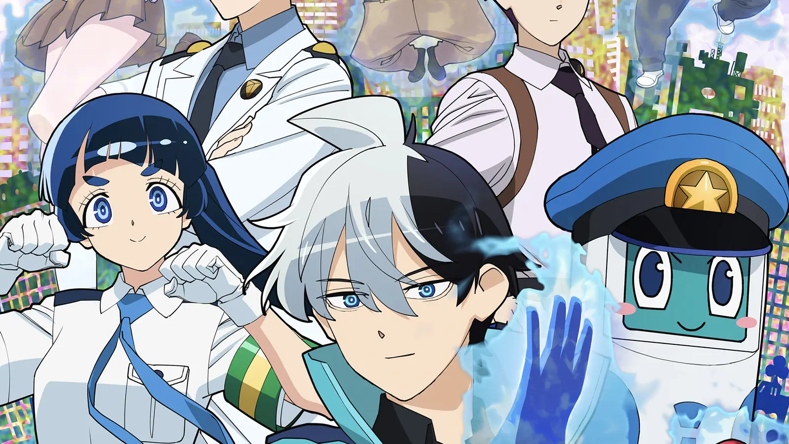 Meguru Chojo, Nao Ippongi and their fellow officers in the official Super Psychic Policeman Chojo key art.