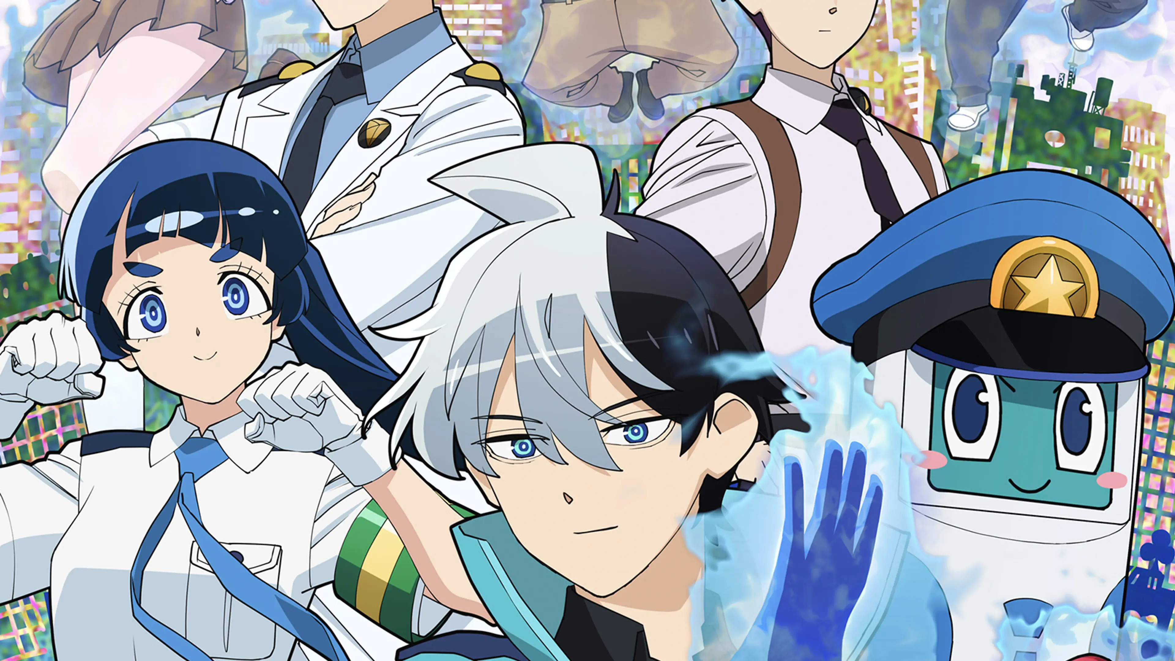 Meguru Chojo, Nao Ippongi and their fellow officers in the official Super Psychic Policeman Chojo key art.