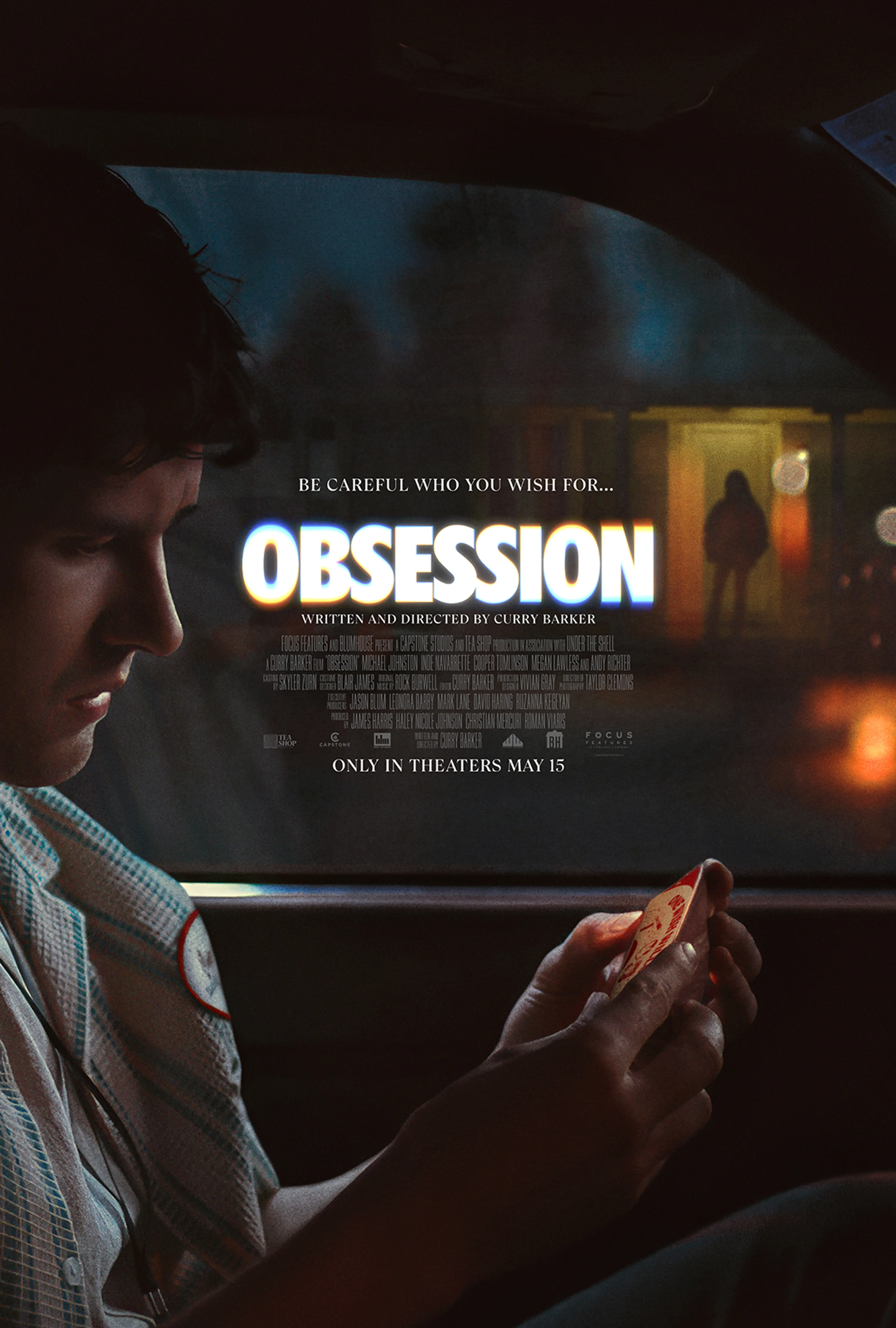 Obsession poster showing a man holding a wish-granting object inside a car.