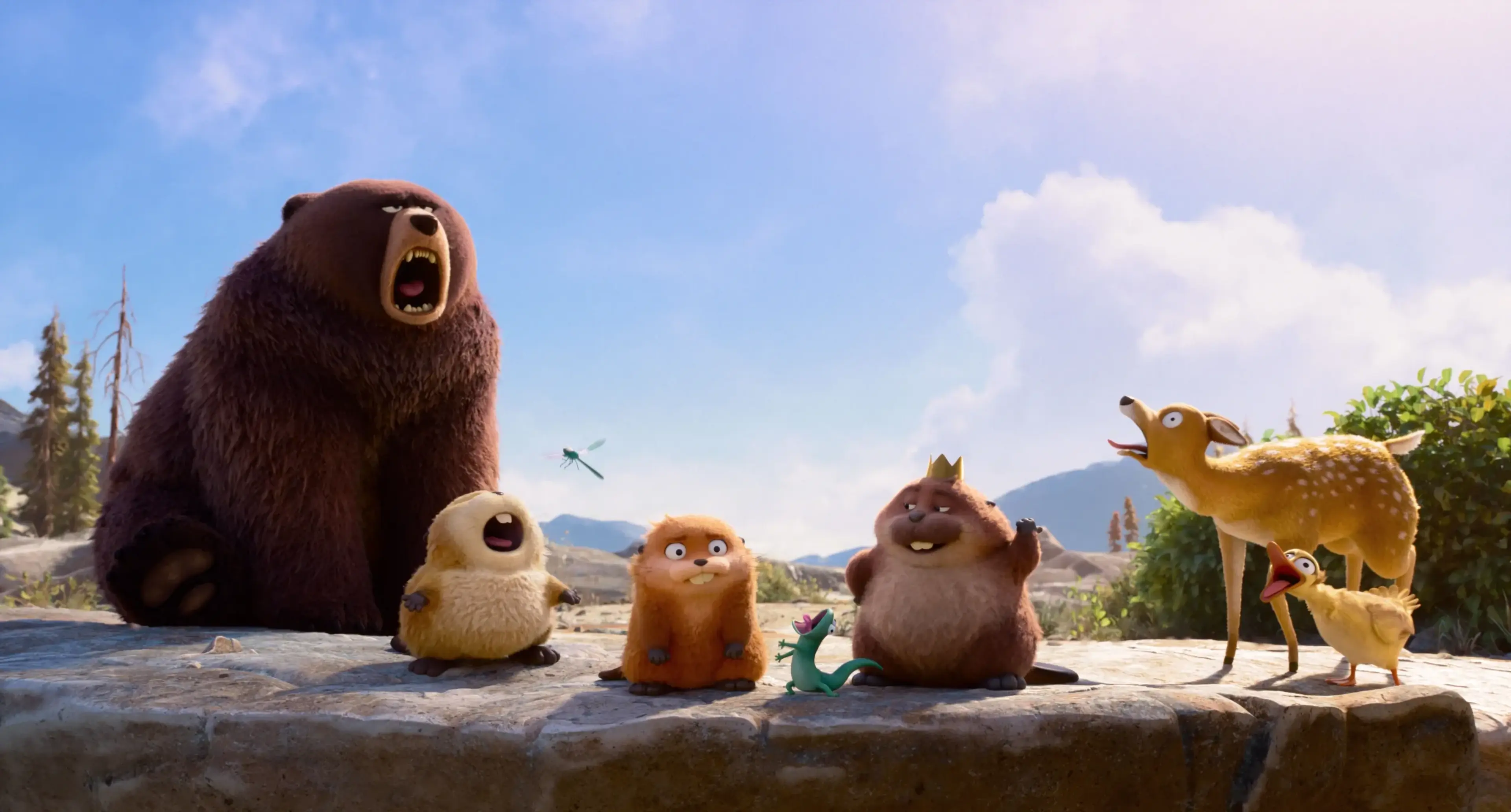 Ellen Bear, Loaf, Mabel, Tom Lizard and King George gather with other animals on a rock.