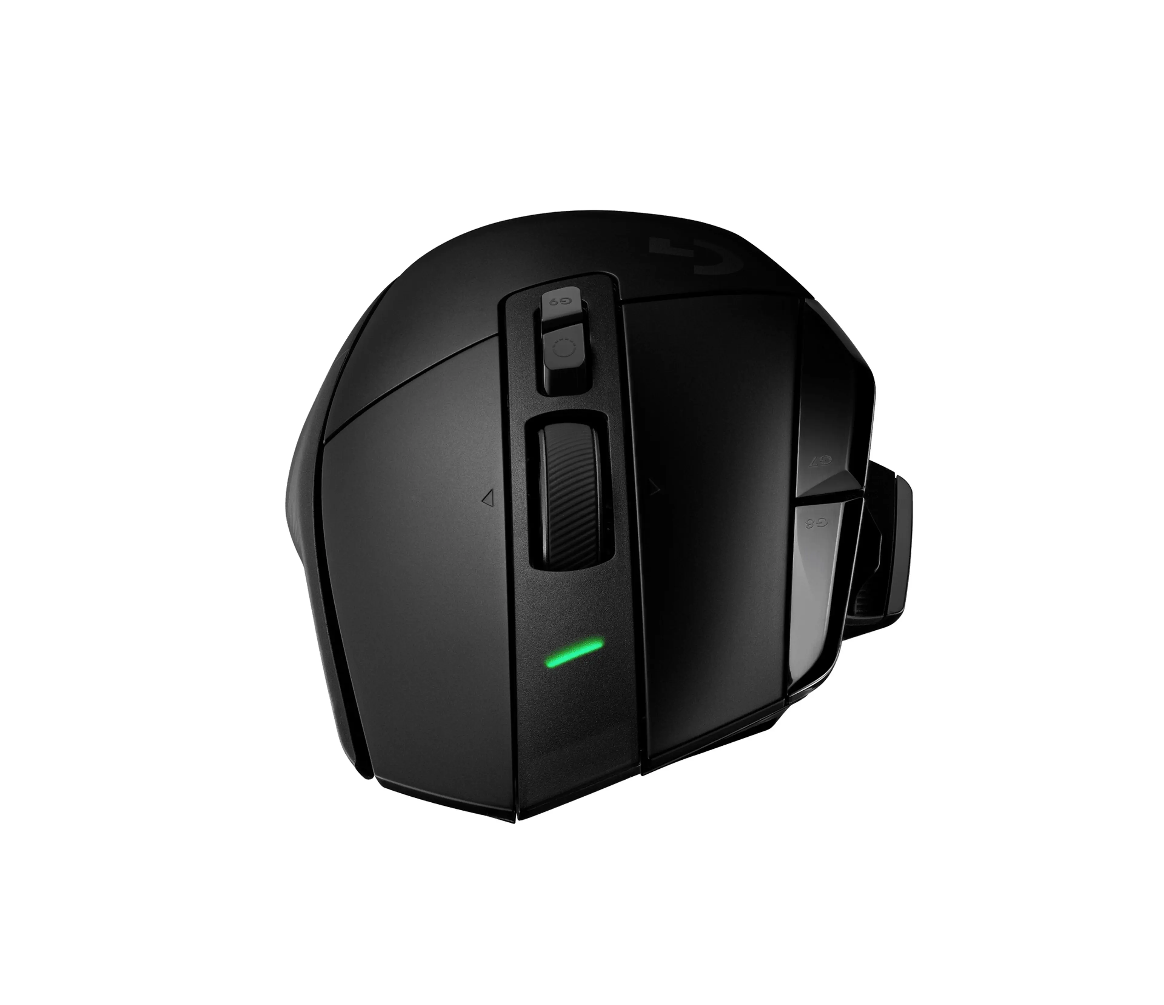 Front of the black G502 X Plus showing the scroll wheel and USB-C charging port