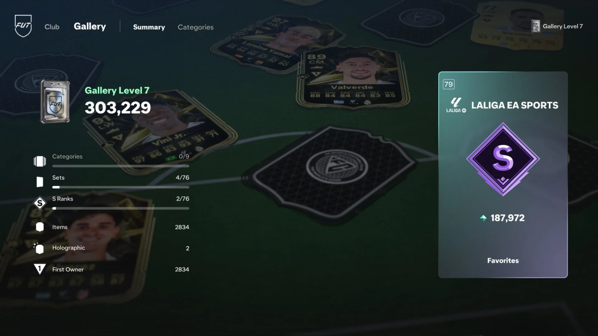 EA FC 27 FUT Gallery Level summary showing categories, Sets, S ranks, items, and Holographic records.