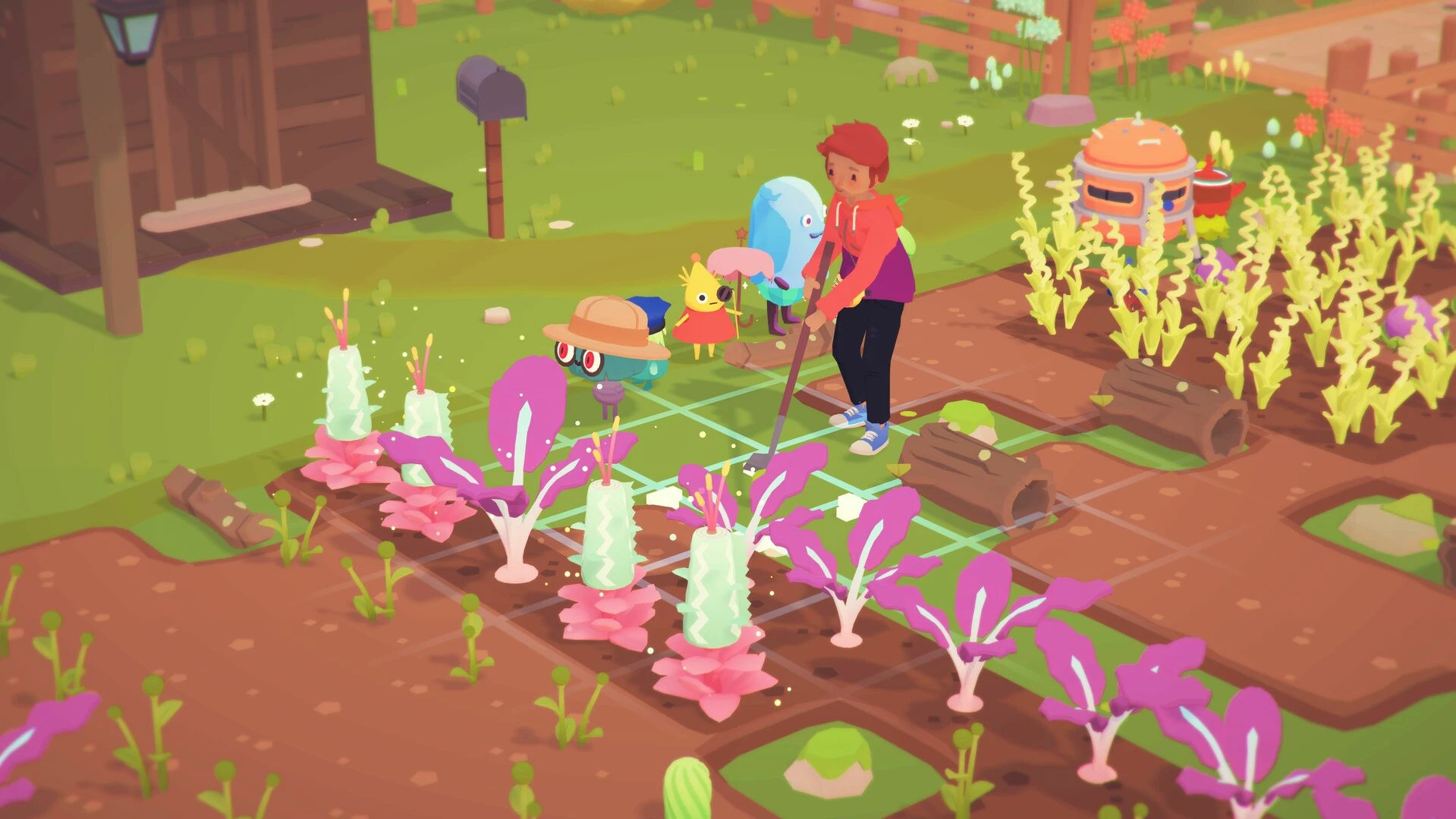 A farmer watering crops alongside small creatures in Ooblets.