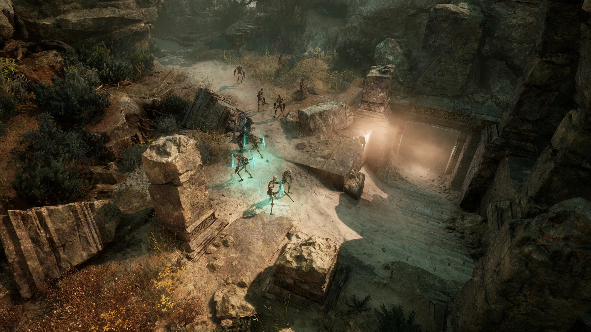 A hero faces spectral figures beside a stone tomb entrance in Titan Quest 2.